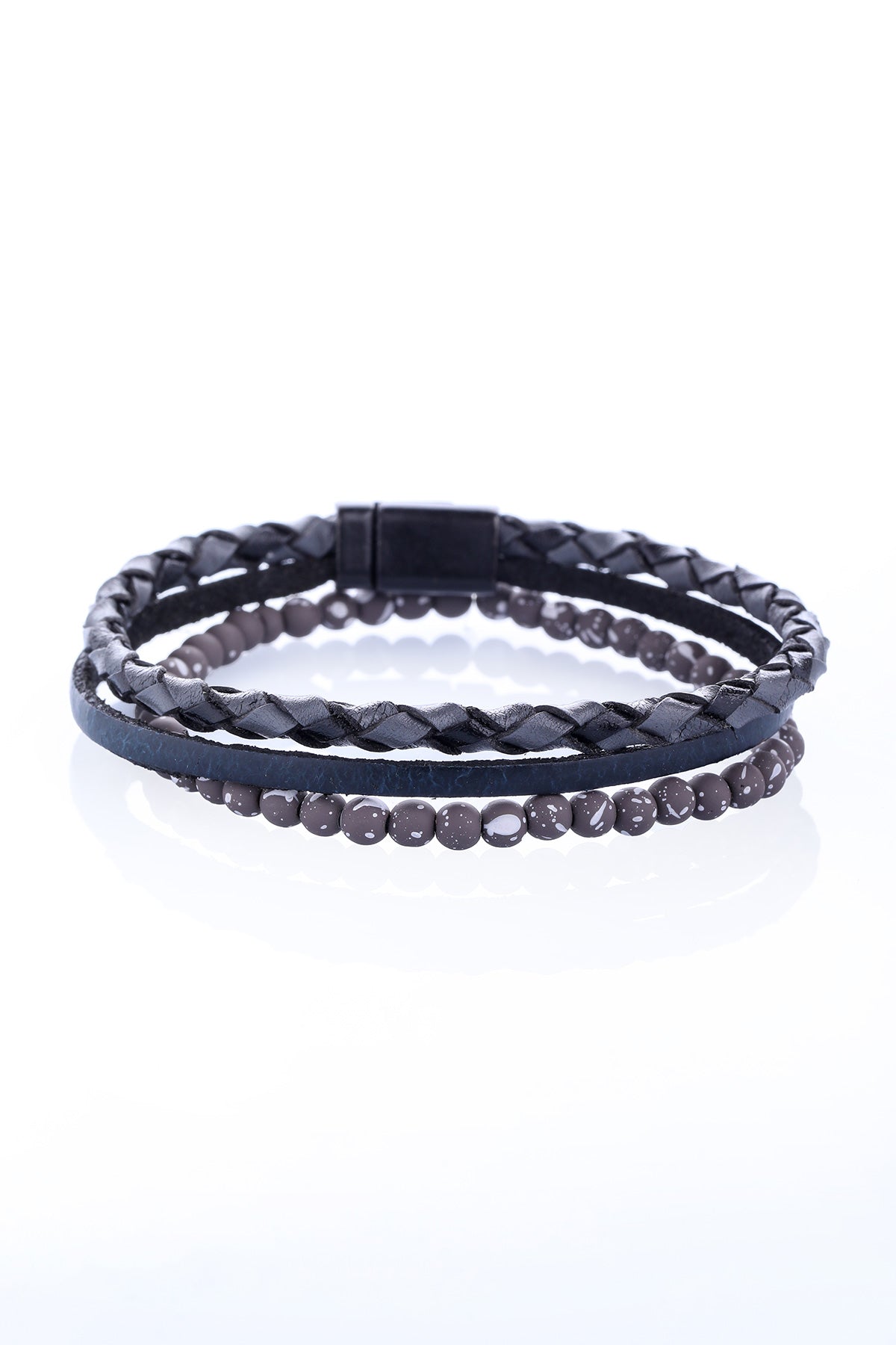 Black braided leather bracelet with a magnetic clasp and a row of dark gray beads.