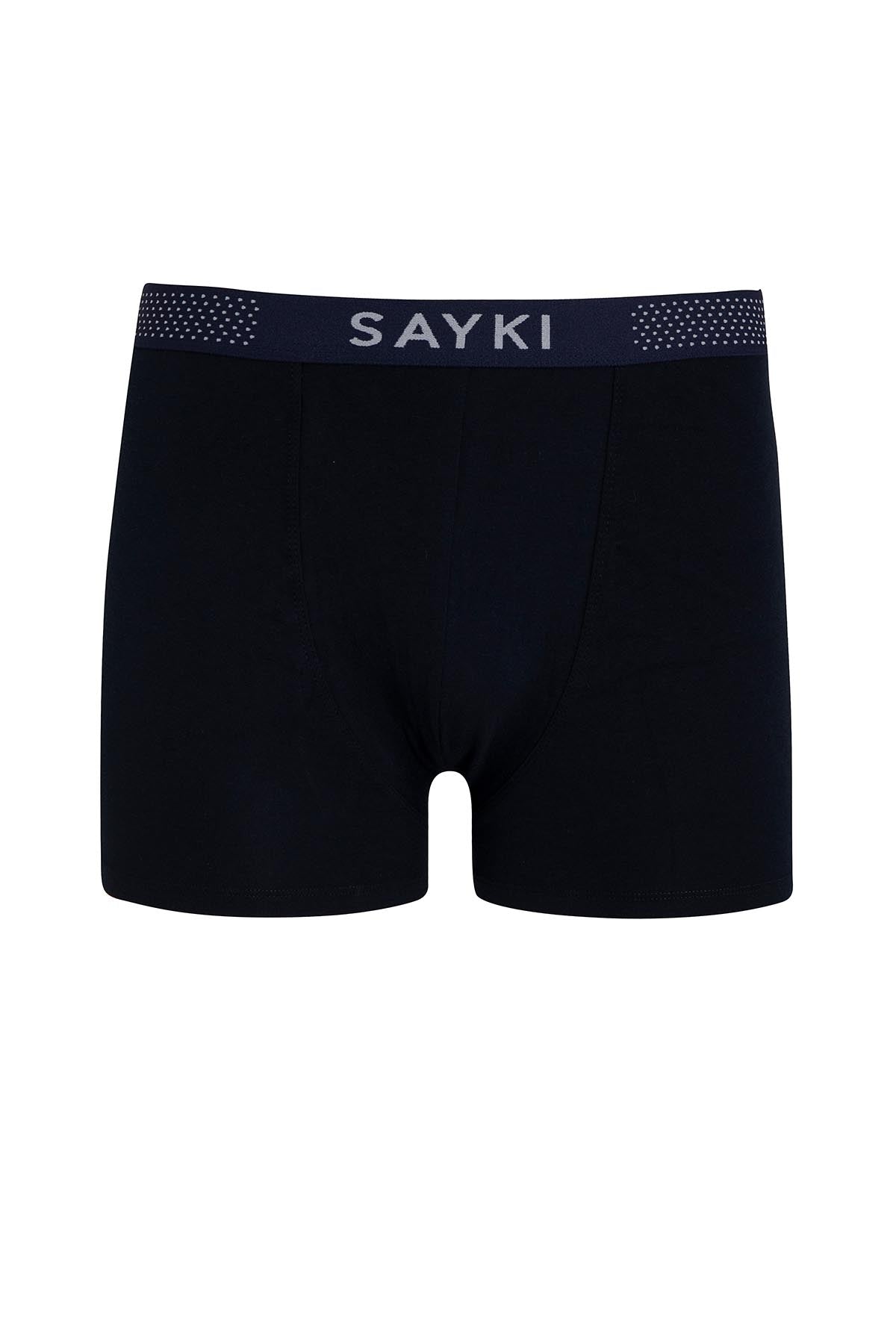 Black sayki boxer briefs with a navy waistband featuring white lettering and dotted embellishments.