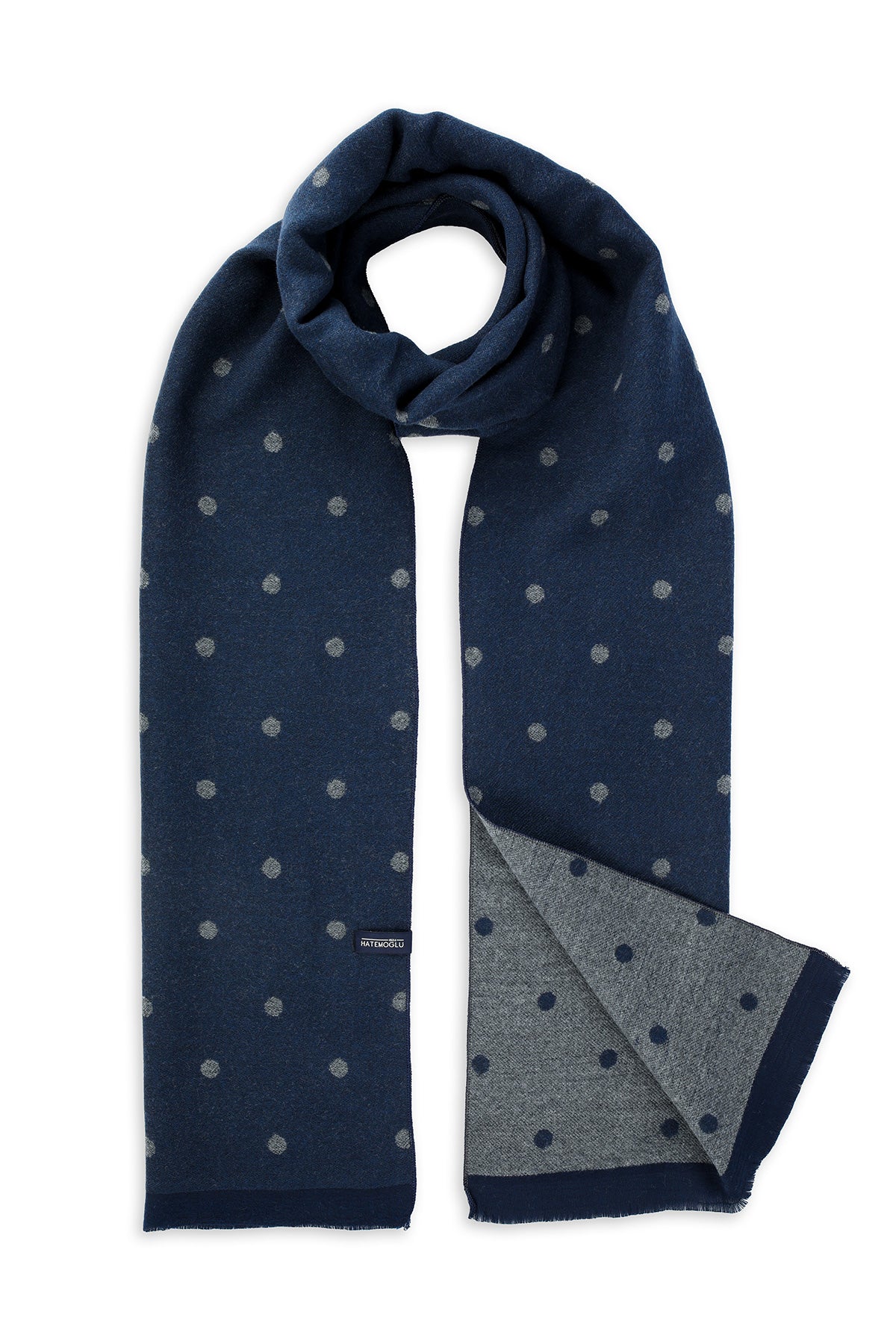 Navy blue scarf with subtle silver polka dots and a contrasting gray inner lining