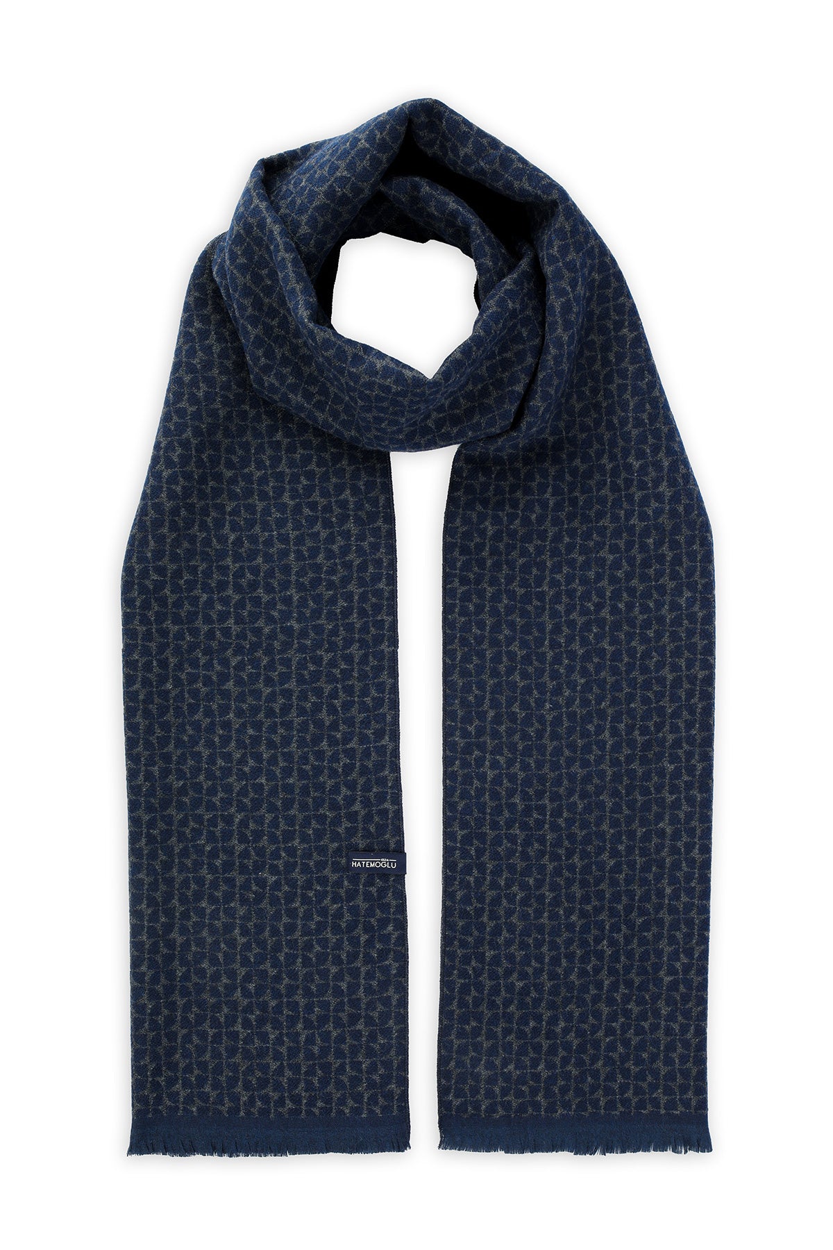 Dark blue scarf with a subtle geometric pattern and frayed edges.