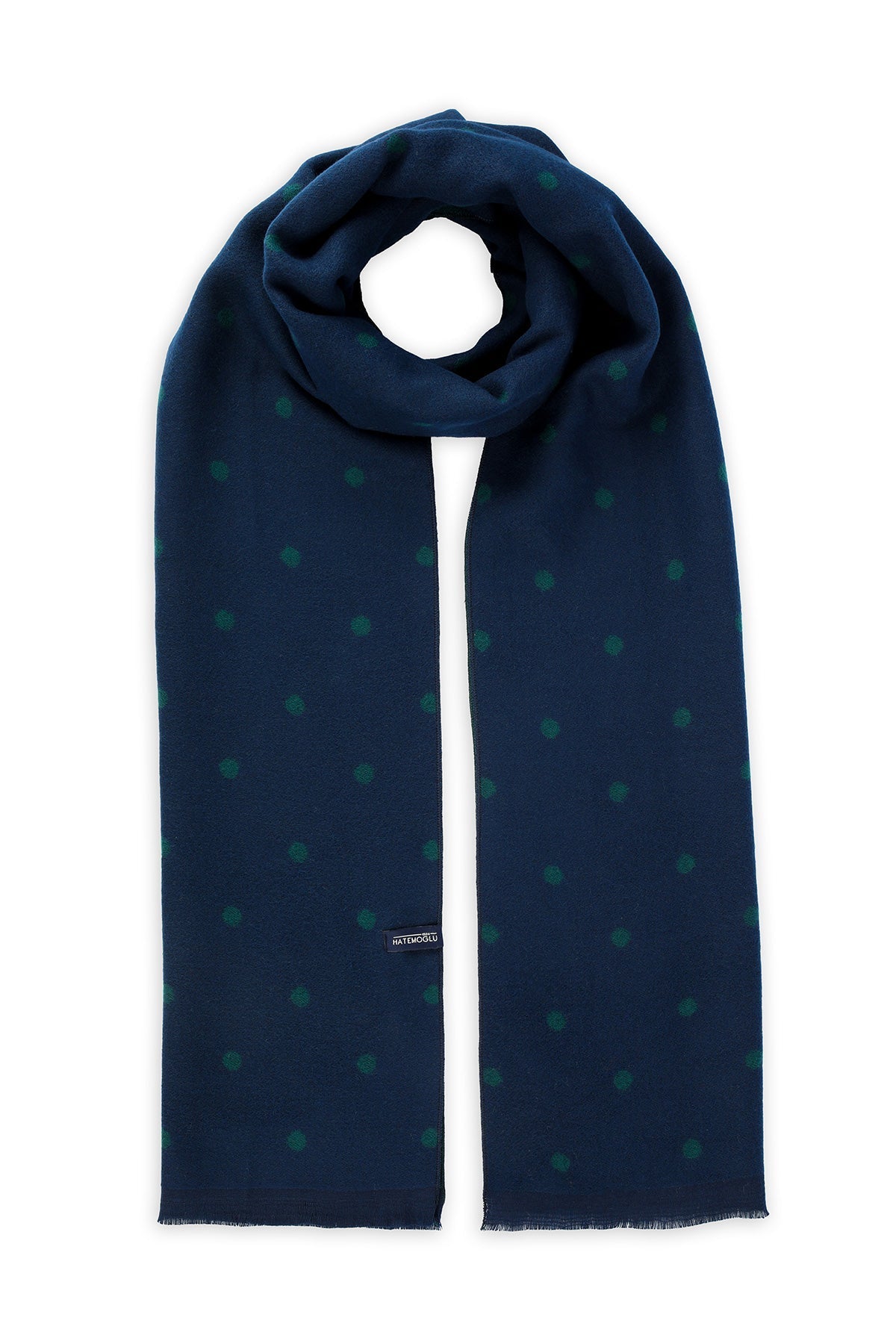 Deep navy scarf with subtle teal polka dots and a soft, textured weave.