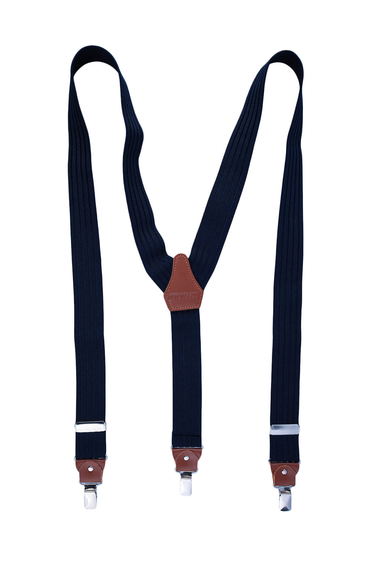 Navy clip suspenders with ribbed fabric leather trim and silver metal clasps for a stylish hold