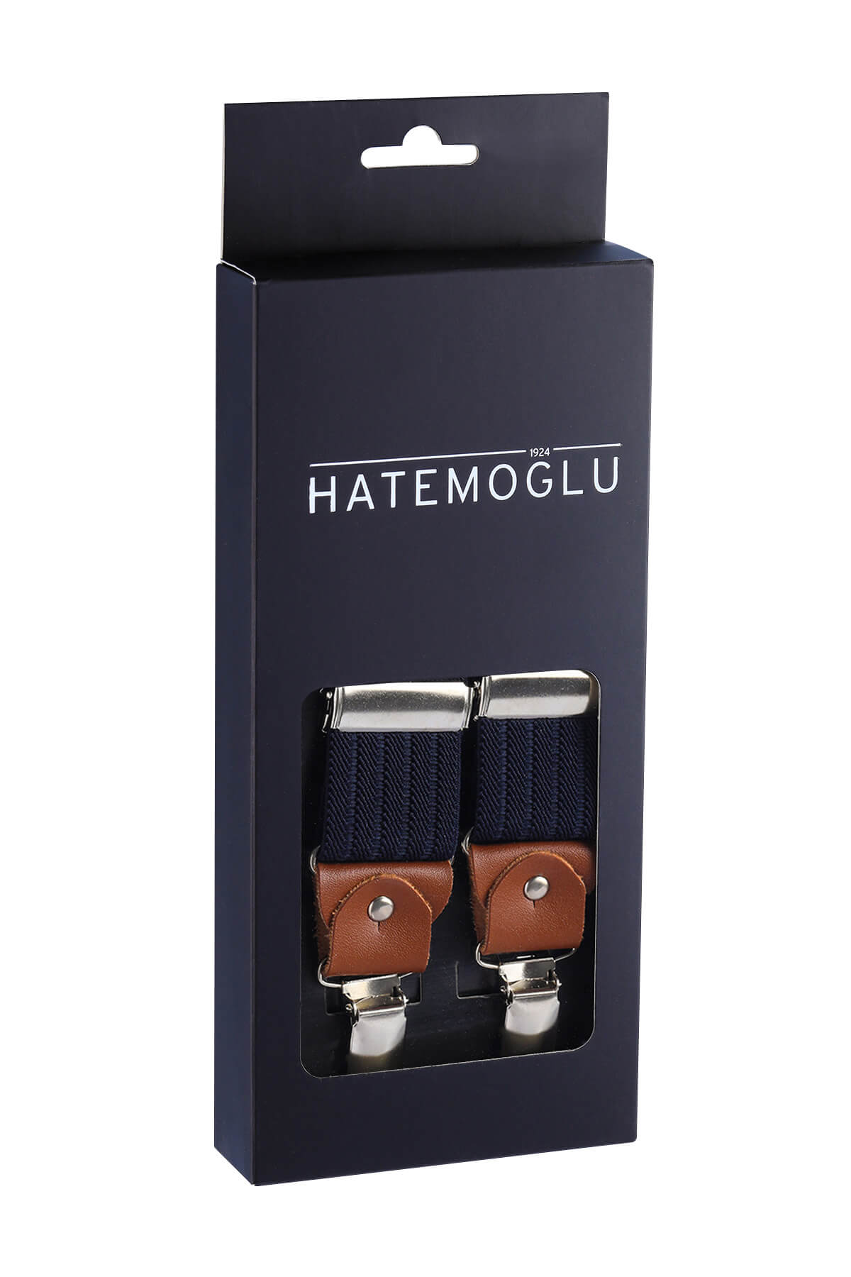 Navy leather trim clip suspenders with woven fabric brown leather tabs and silver metal clasps by hatemoglu