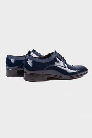 Navy Patent Leather Lace-Up Cap Toe Tuxedo Shoes - SAYKI