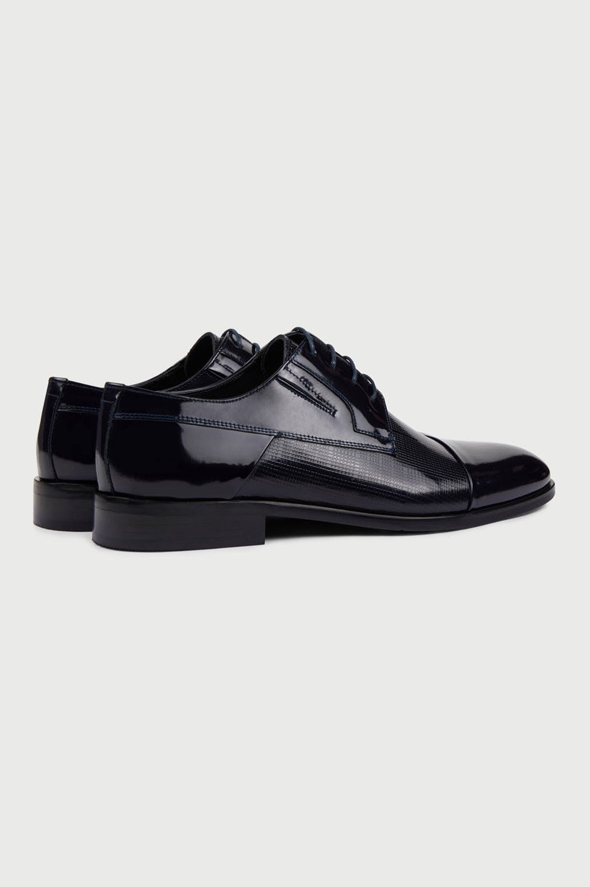 Navy Patent Leather Lace-Up Textured Tuxedo Shoes - SAYKI