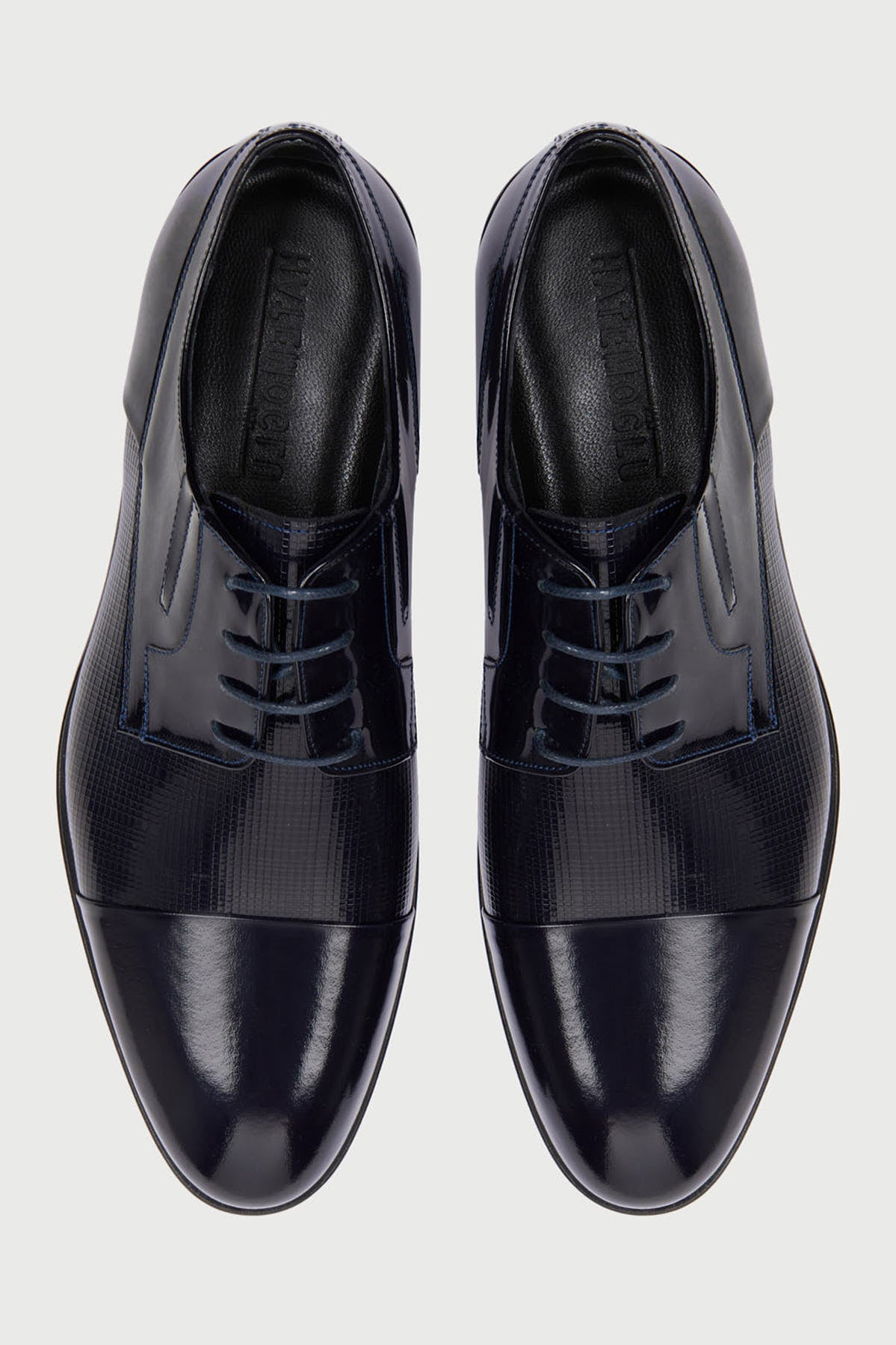 Navy Patent Leather Lace-Up Textured Tuxedo Shoes - SAYKI