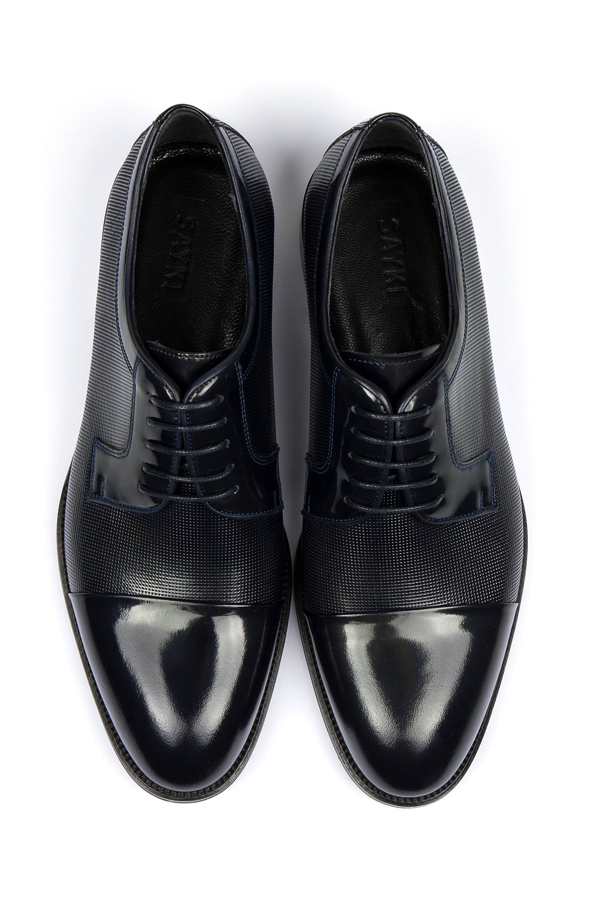 Navy Patent Leather Lace-Up Tuxedo Shoes - SAYKI