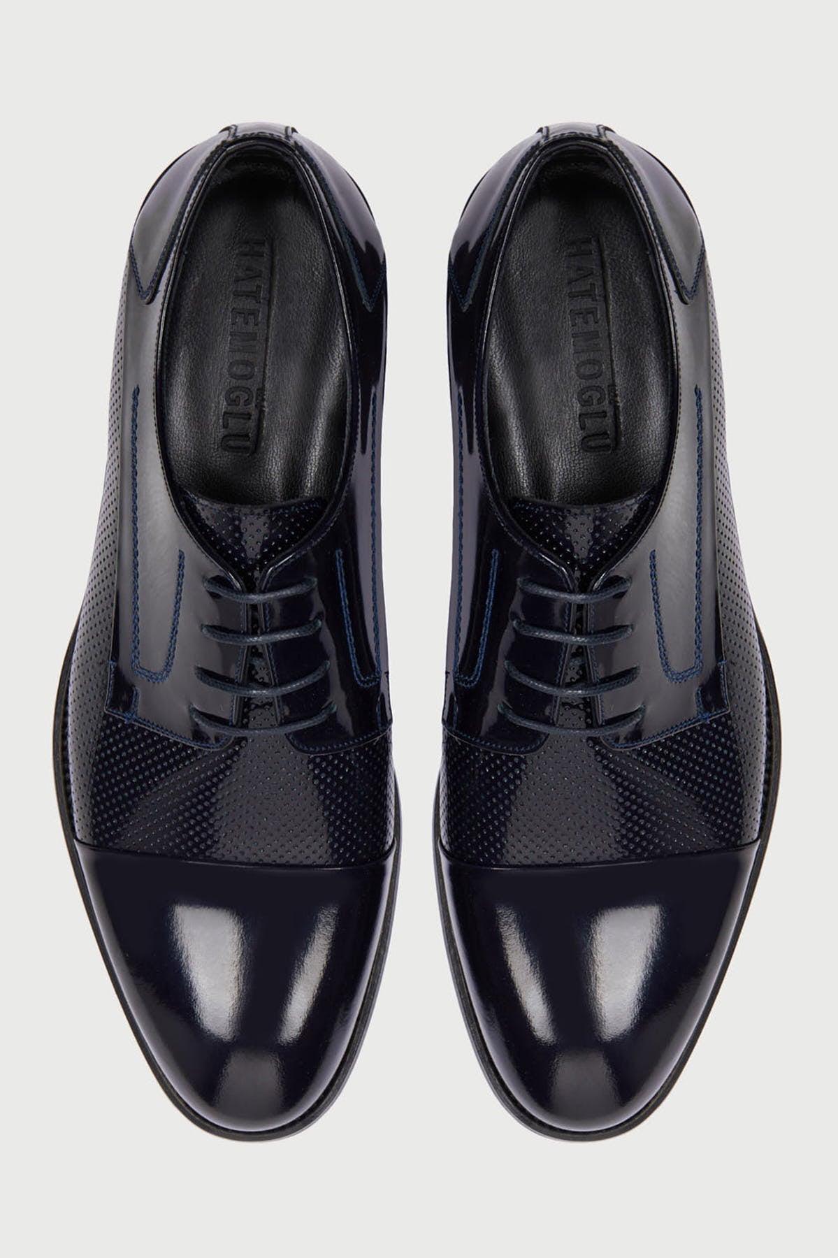 Navy Patent Leather Perforated Lace-Up Tuxedo Shoes - SAYKI