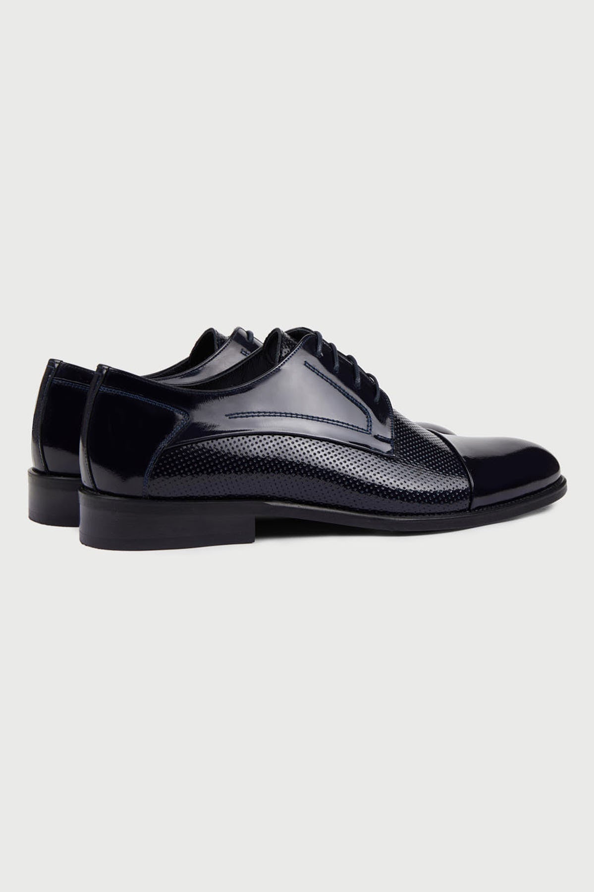 Navy Patent Leather Perforated Lace-Up Tuxedo Shoes - SAYKI