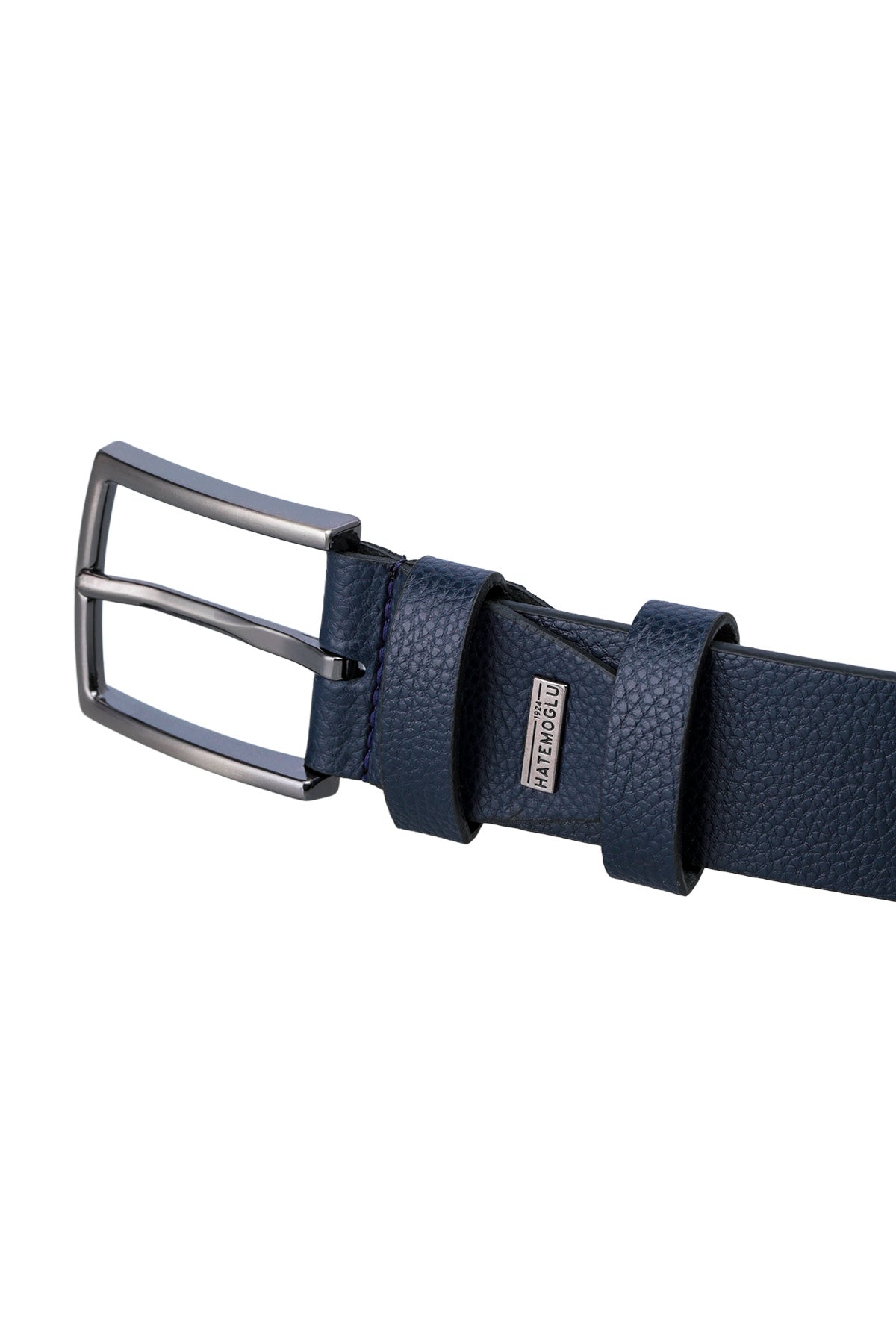 Dark blue textured leather belt with a sleek silver-toned buckle and a small rectangular brand tag.