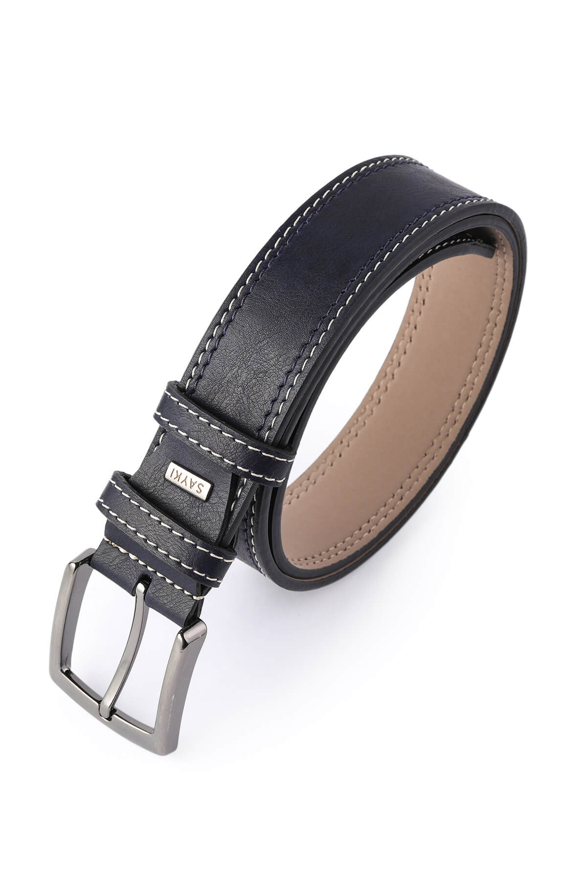 Black leather belt with white stitching and a silver-toned buckle.