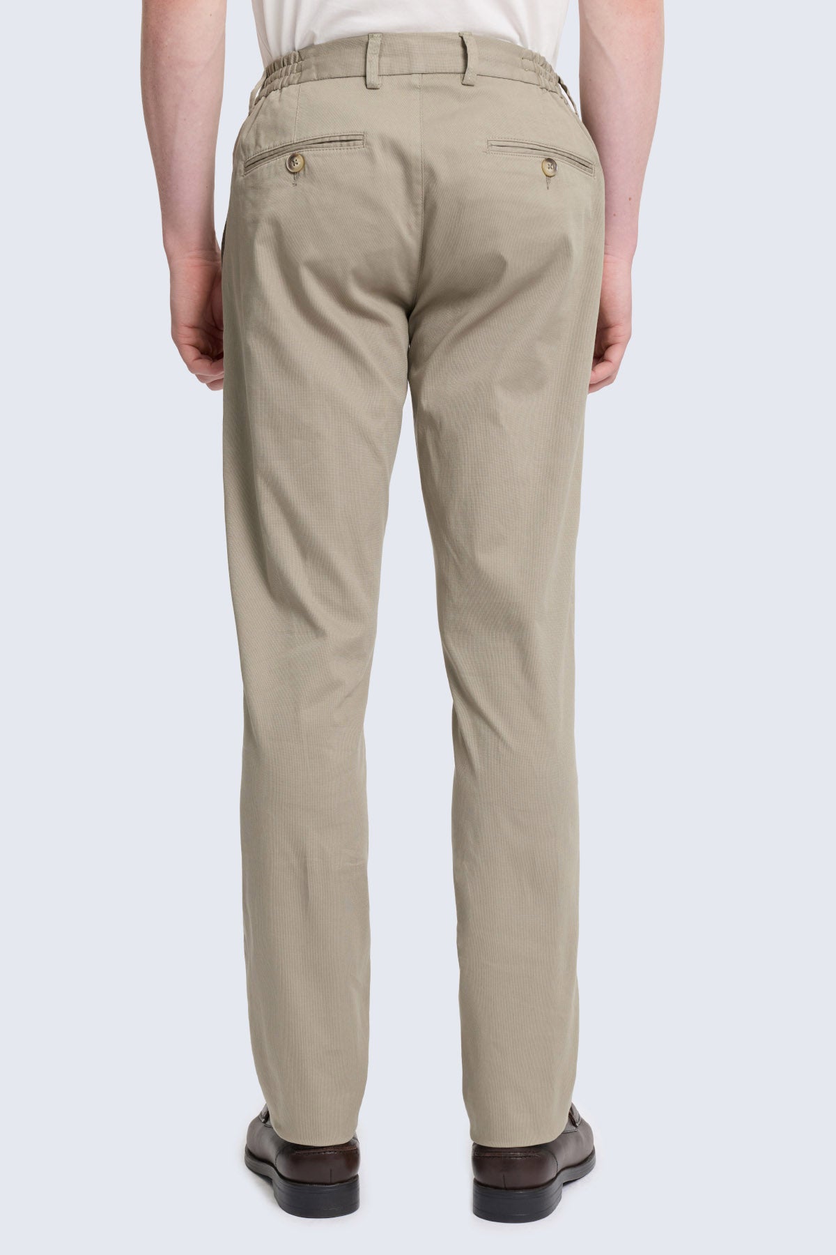 Back view of khaki chino trousers with buttoned pockets in olive dynamic fit side pocket cotton jogger pants style