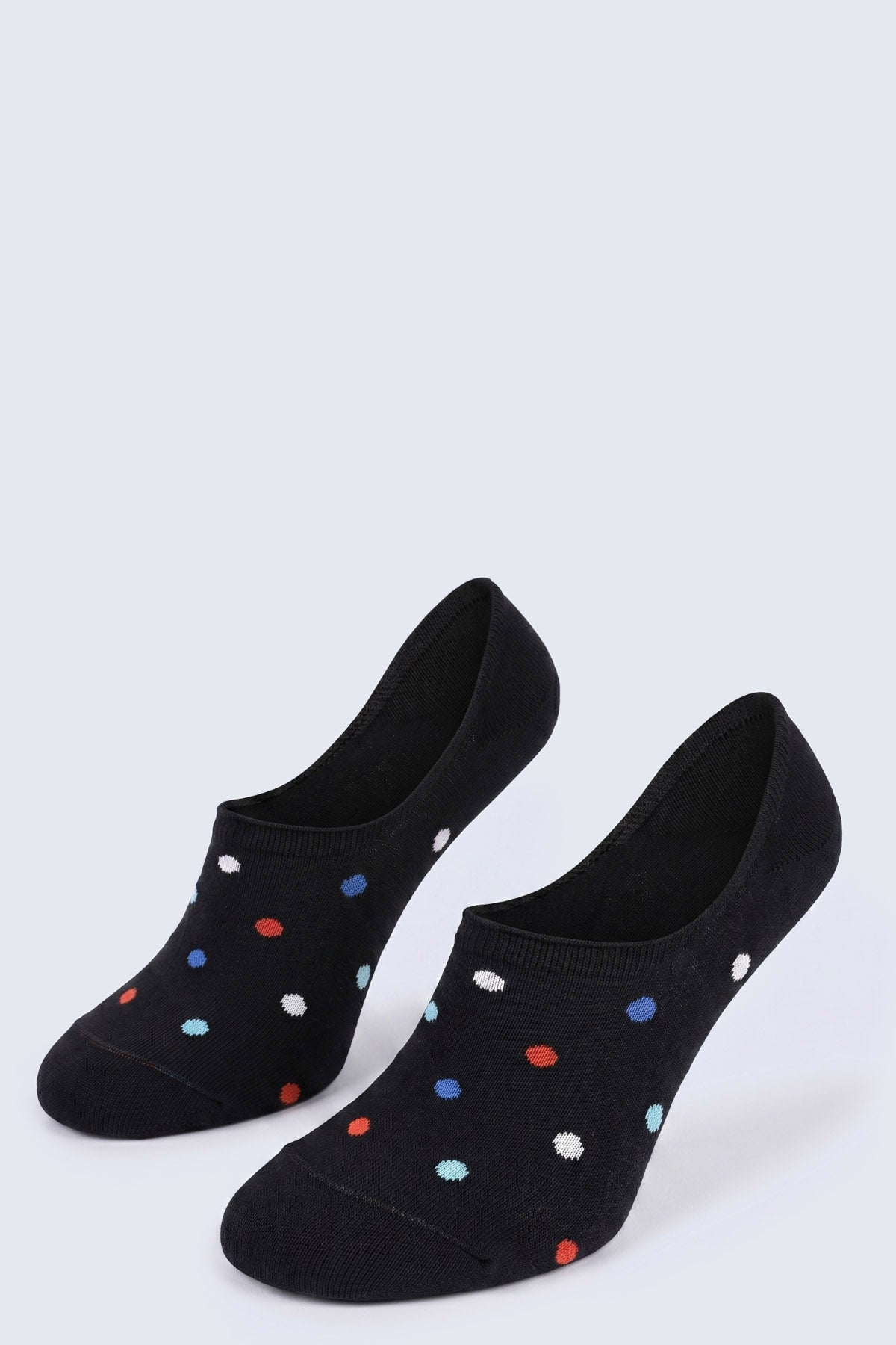 Black ankle no-show socks with colorful red blue white and light green polka dots for casual wear