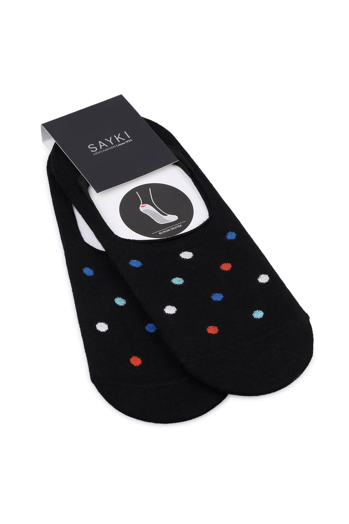 Black ankle no-show socks with colorful red blue white and light teal polka dots for casual wear