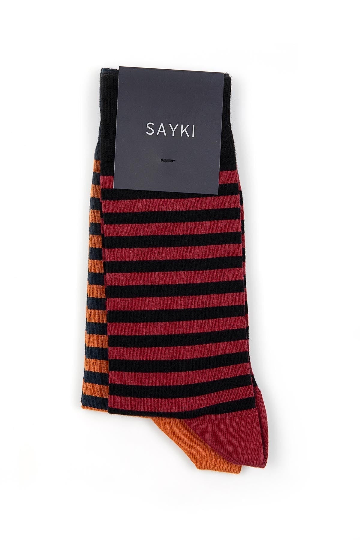 A pair of sayki brand socks featuring bold red and black horizontal stripes with a contrasting orange cuff.