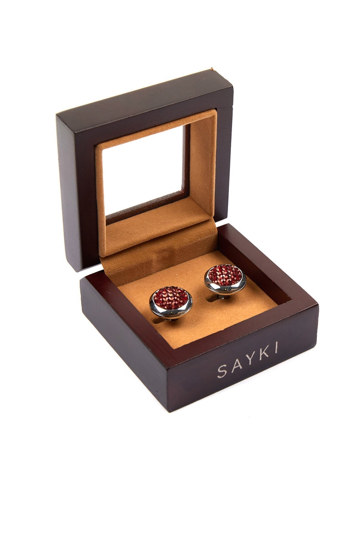Red Textured Natural Stone Round Cufflinks - SAYKI