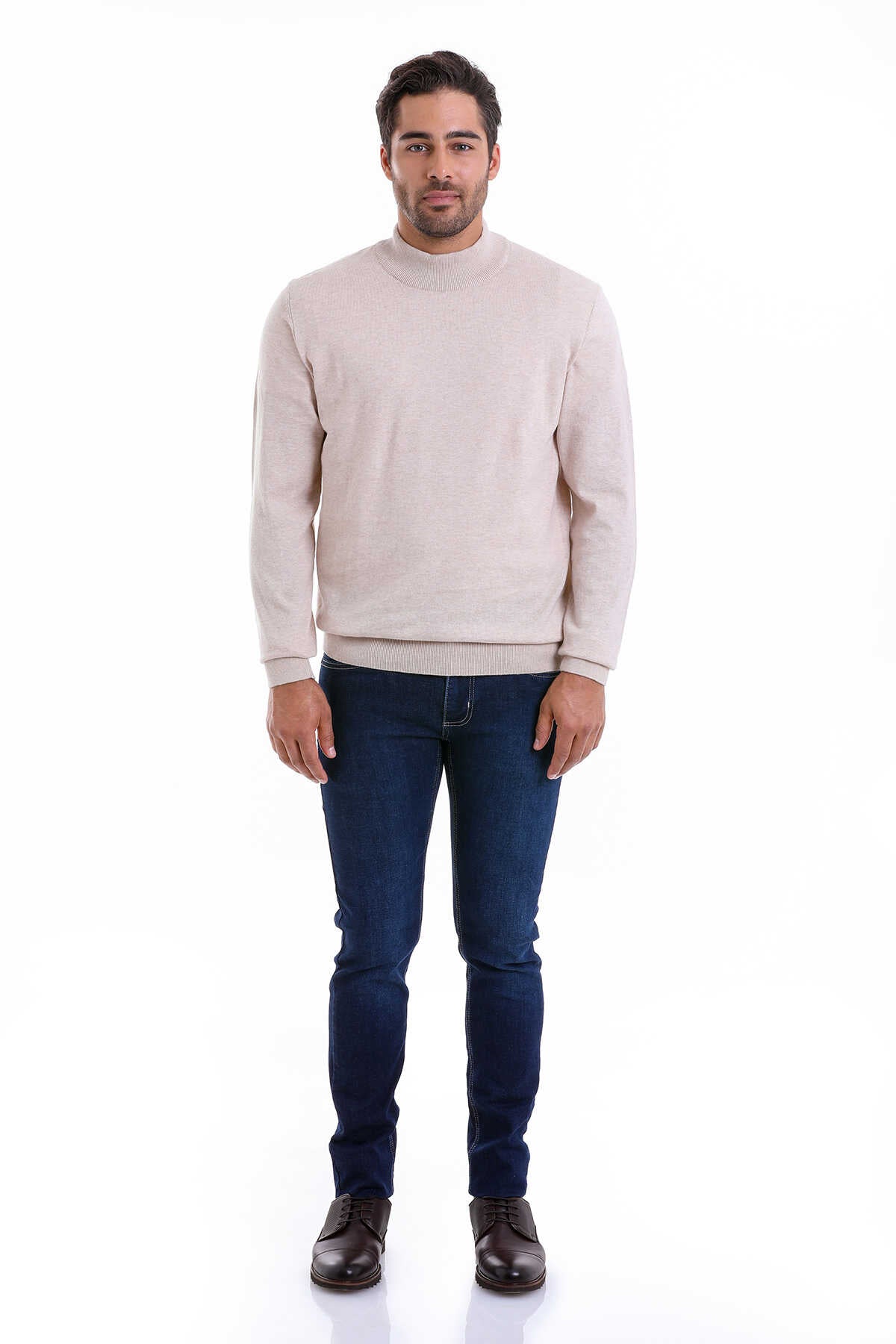Regular Fit 100% Cotton Beige Mock Neck Sweater - SAYKI