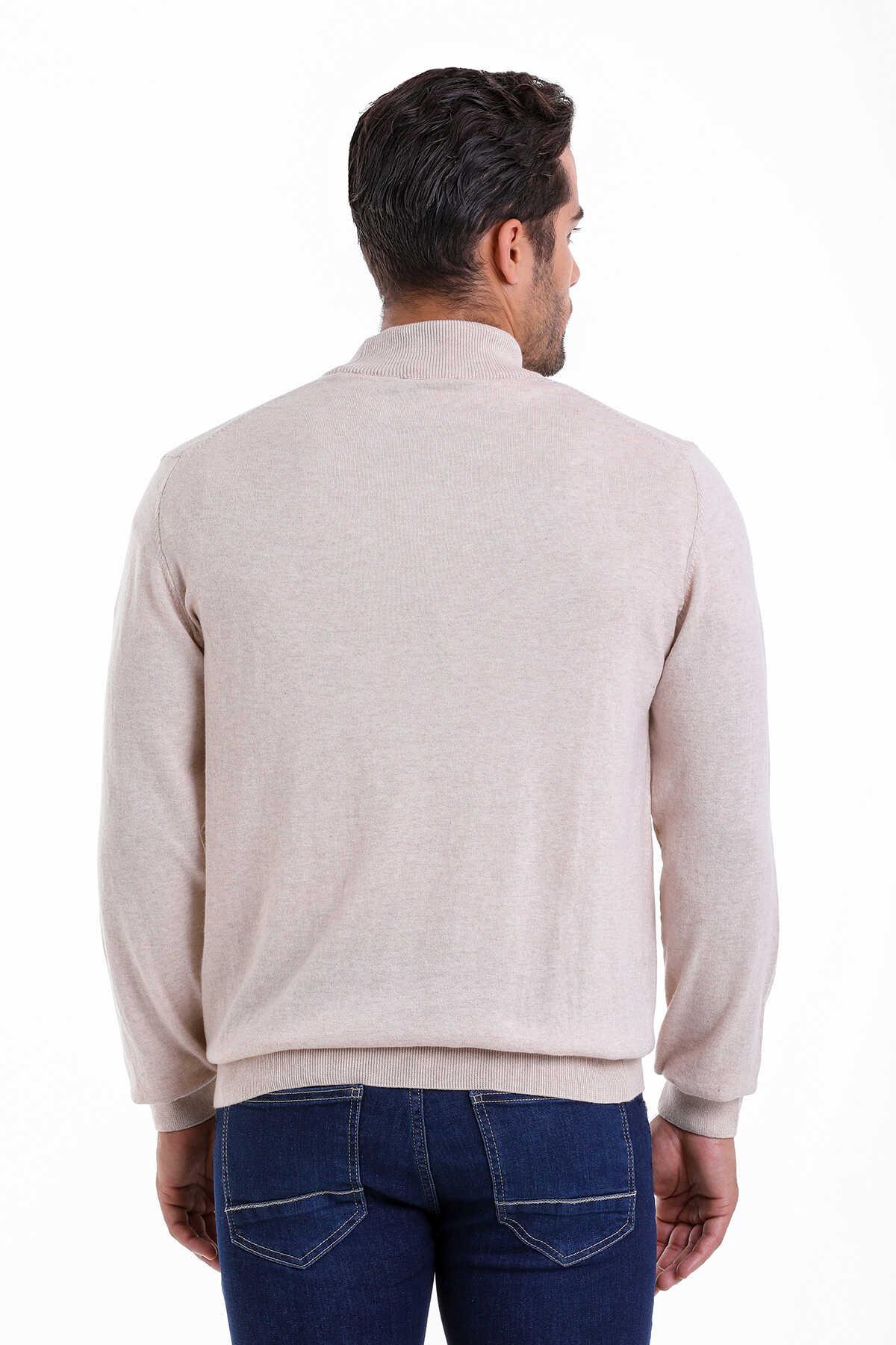 Regular Fit 100% Cotton Beige Mock Neck Sweater - SAYKI