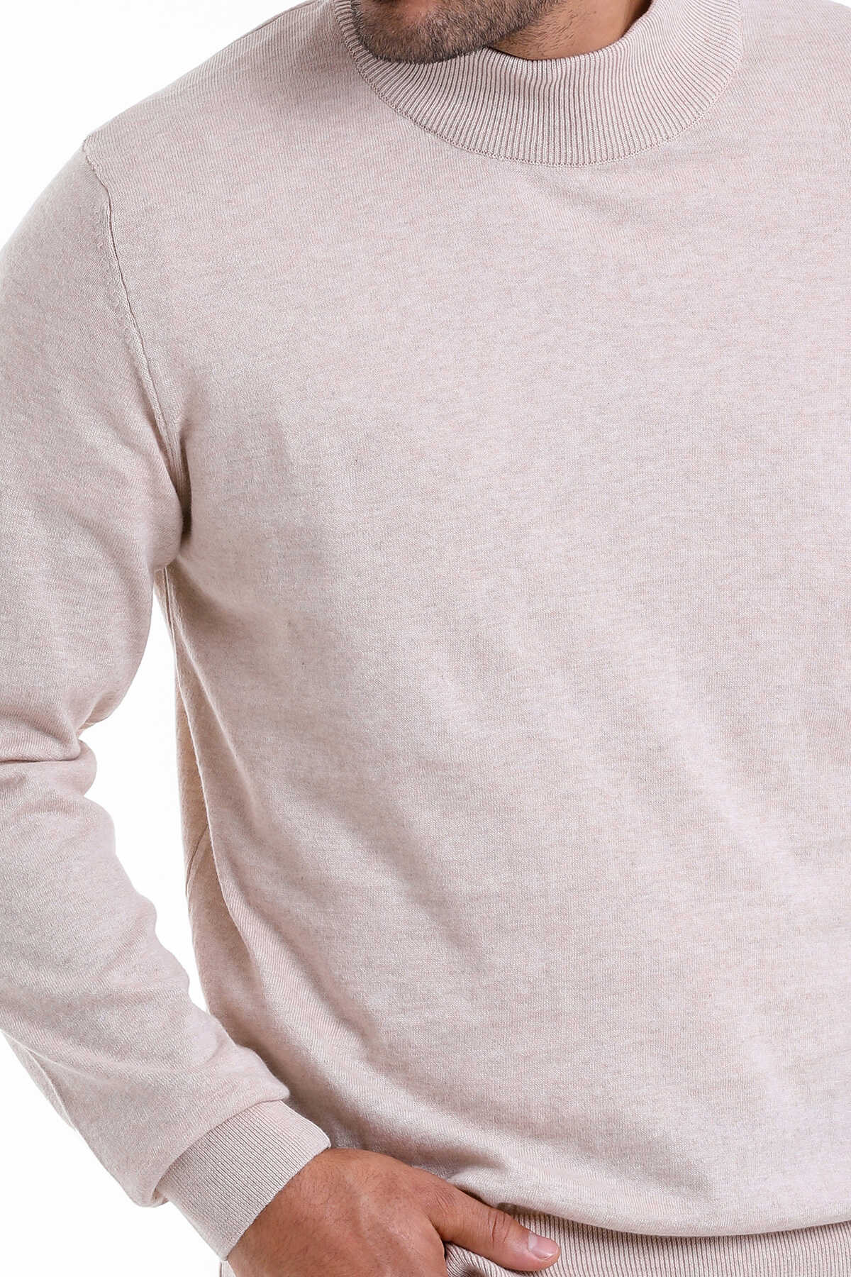 Regular Fit 100% Cotton Beige Mock Neck Sweater - SAYKI
