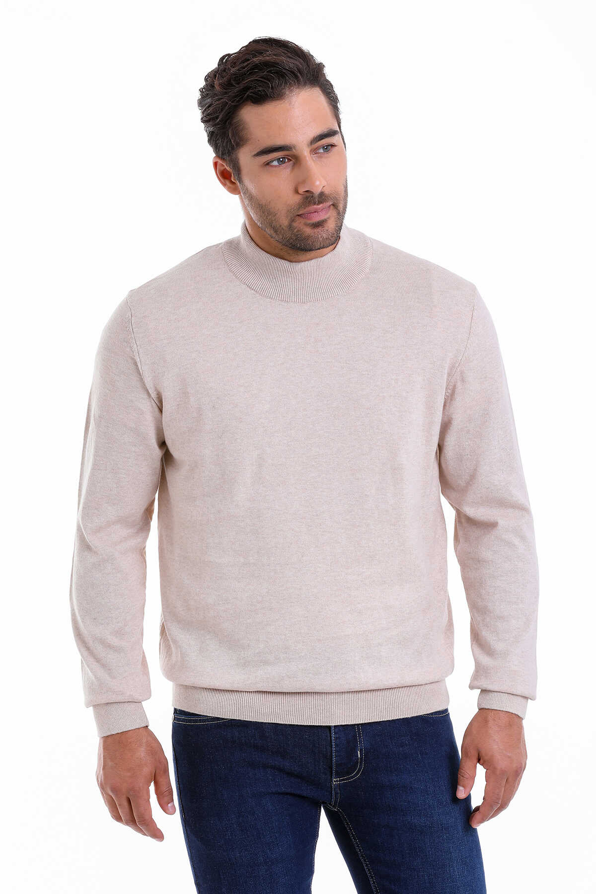 Regular Fit 100% Cotton Beige Mock Neck Sweater - SAYKI