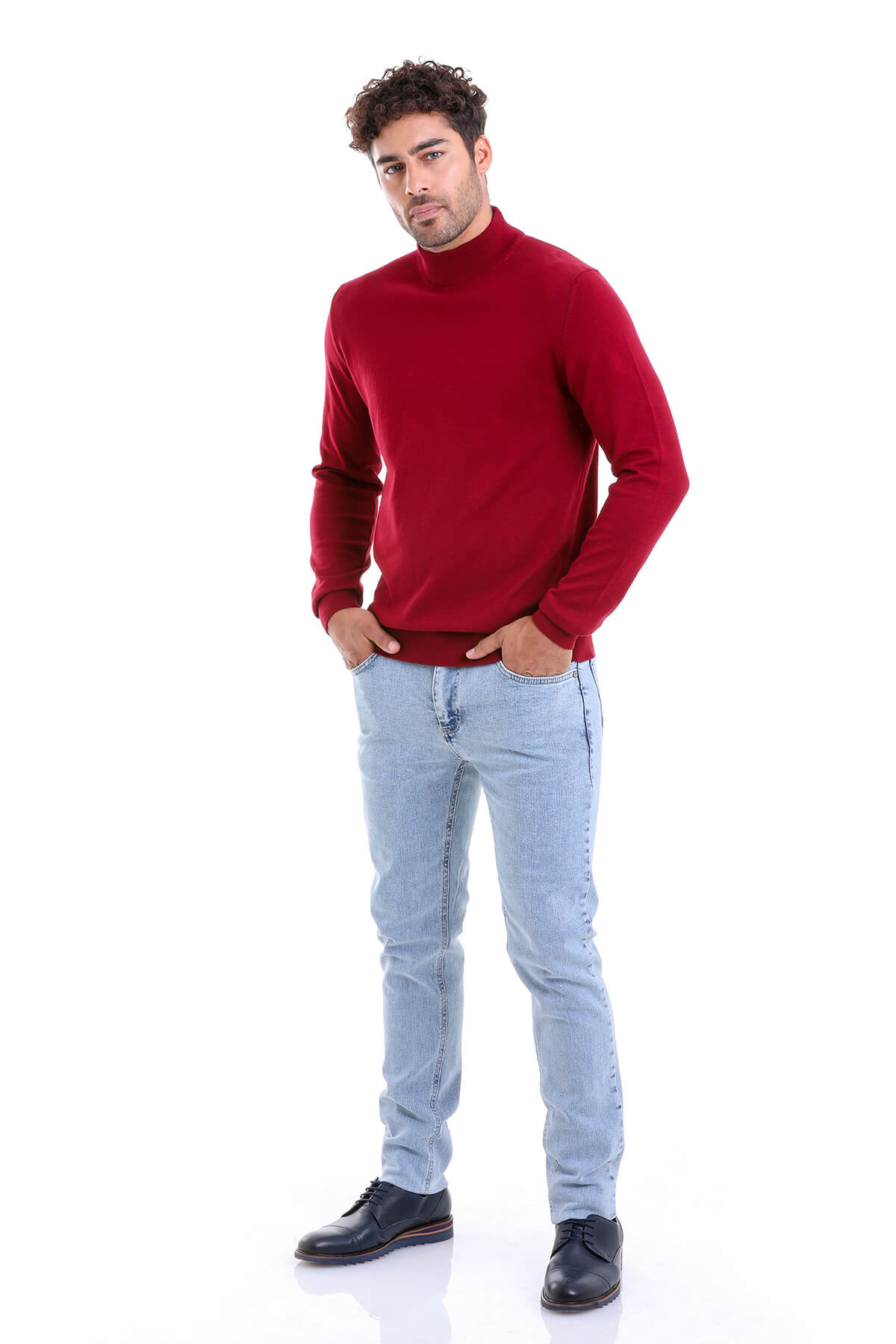 Regular Fit 100% Cotton Burgundy Mock Neck Sweater - SAYKI
