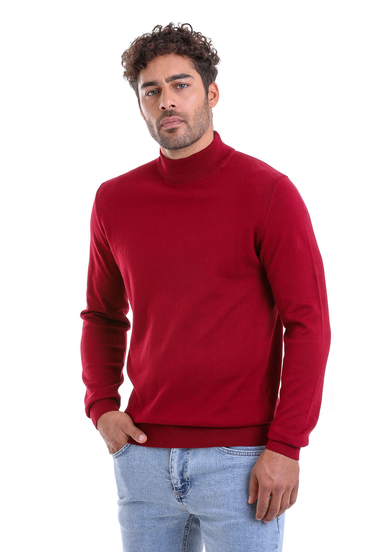 Regular Fit 100% Cotton Burgundy Mock Neck Sweater - SAYKI