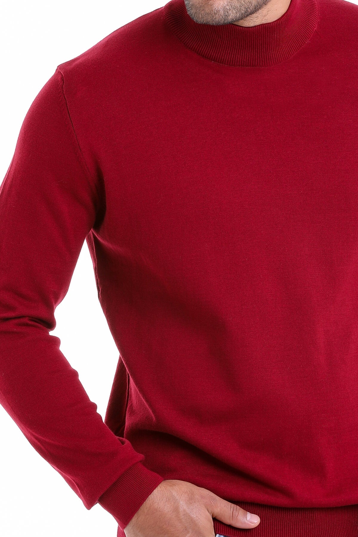 Regular Fit 100% Cotton Burgundy Mock Neck Sweater - SAYKI