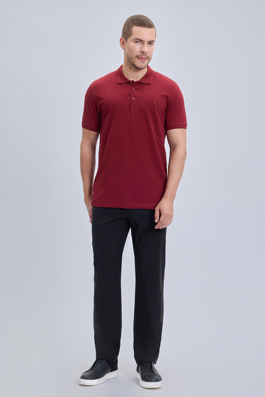 A man wearing a regular fit cotton burgundy polo t-shirt with a classic collar and button placket