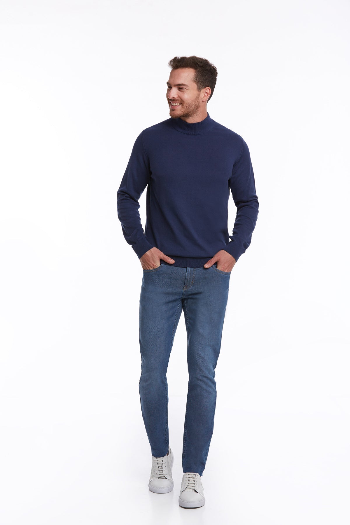 Regular Fit 100% Cotton Indigo Mock Neck Sweater - SAYKI