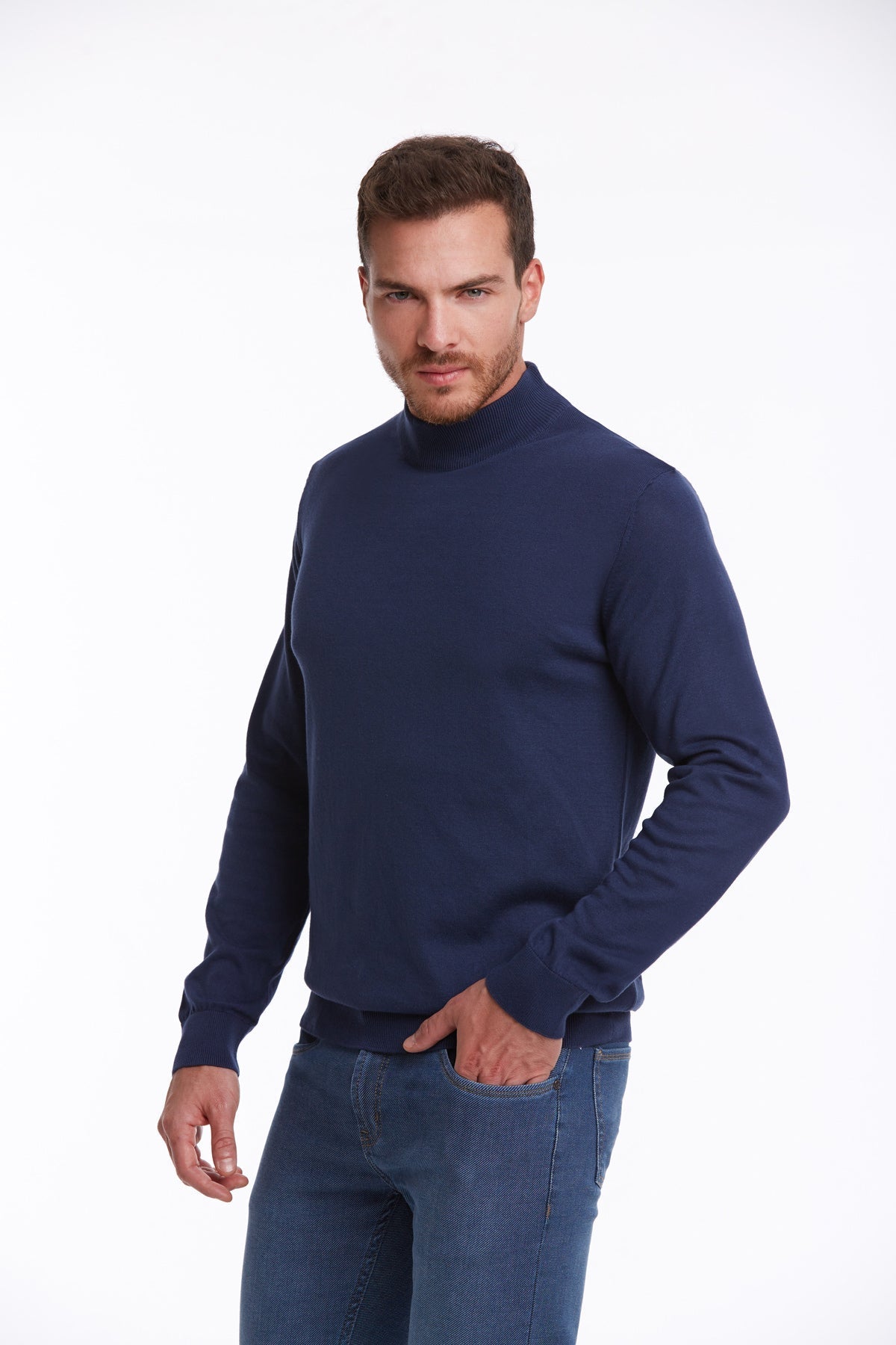 Regular Fit 100% Cotton Indigo Mock Neck Sweater - SAYKI