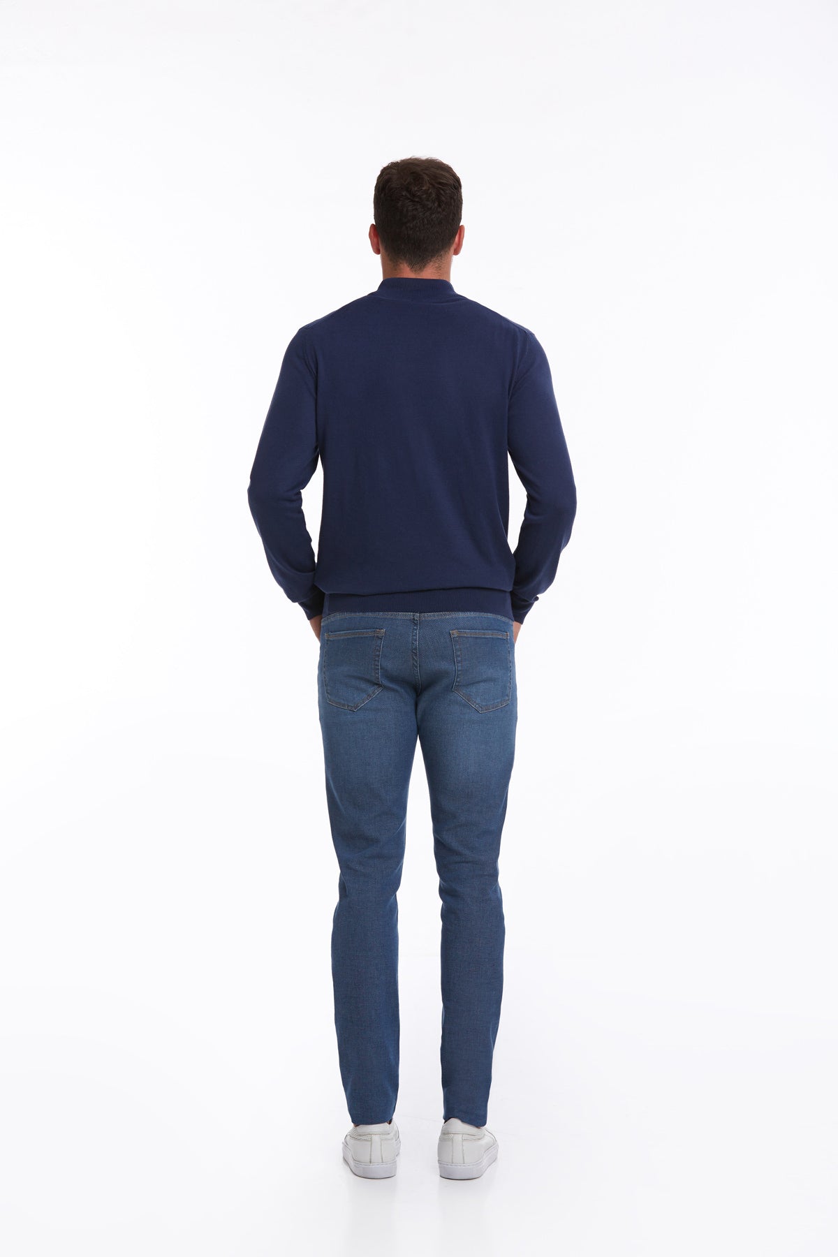 Regular Fit 100% Cotton Indigo Mock Neck Sweater - SAYKI