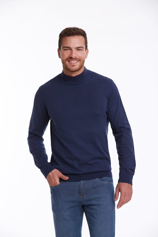 Regular Fit 100% Cotton Indigo Mock Neck Sweater - SAYKI