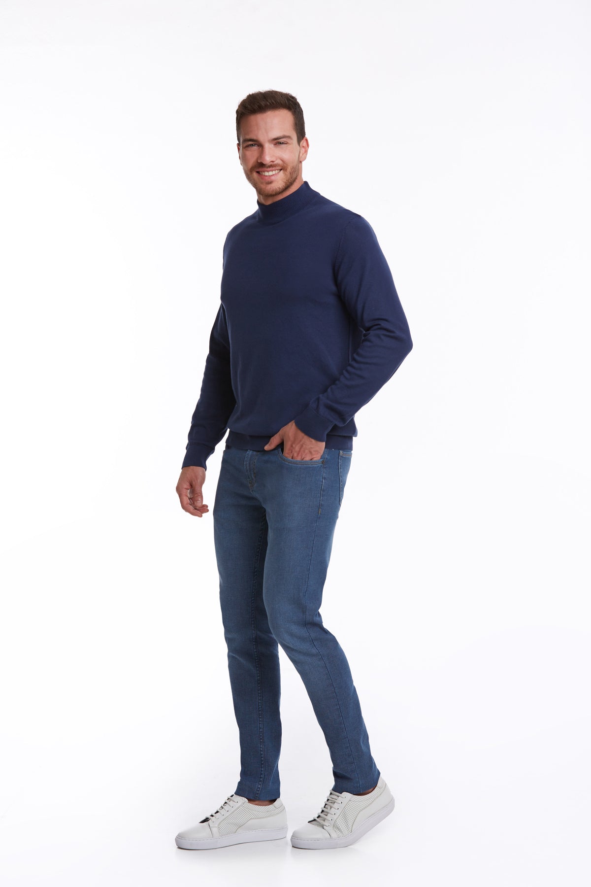Regular Fit 100% Cotton Indigo Mock Neck Sweater - SAYKI