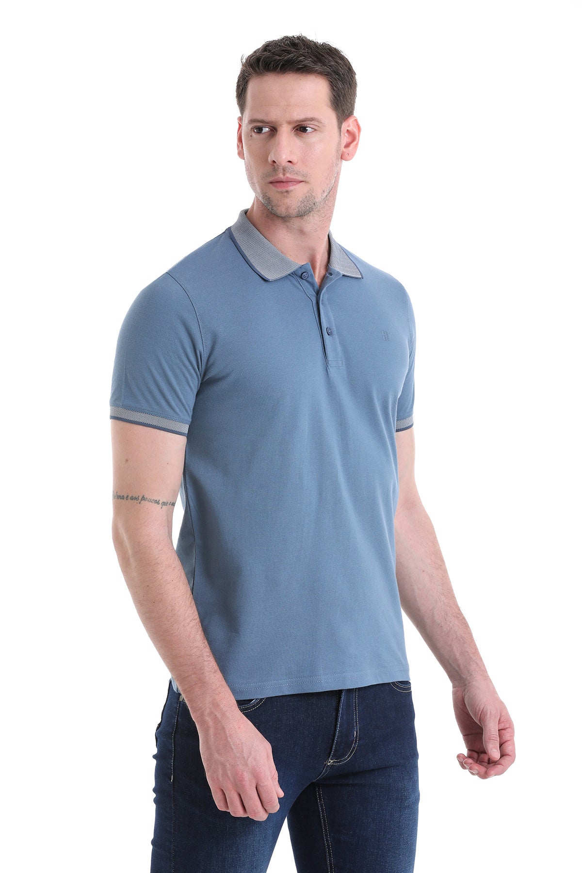 Regular Fit 100% Cotton Indigo Polo T-Shirt - SAYKI
