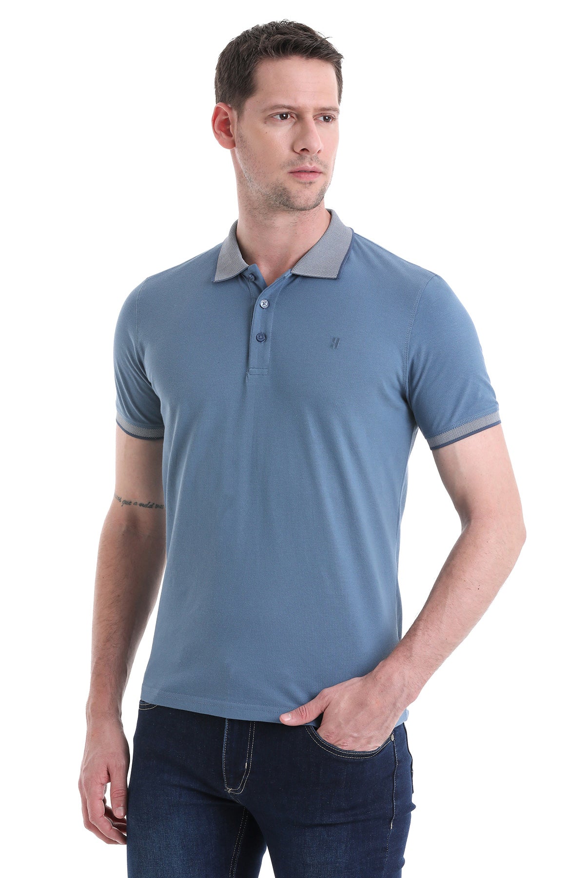 Regular Fit 100% Cotton Indigo Polo T-Shirt - SAYKI