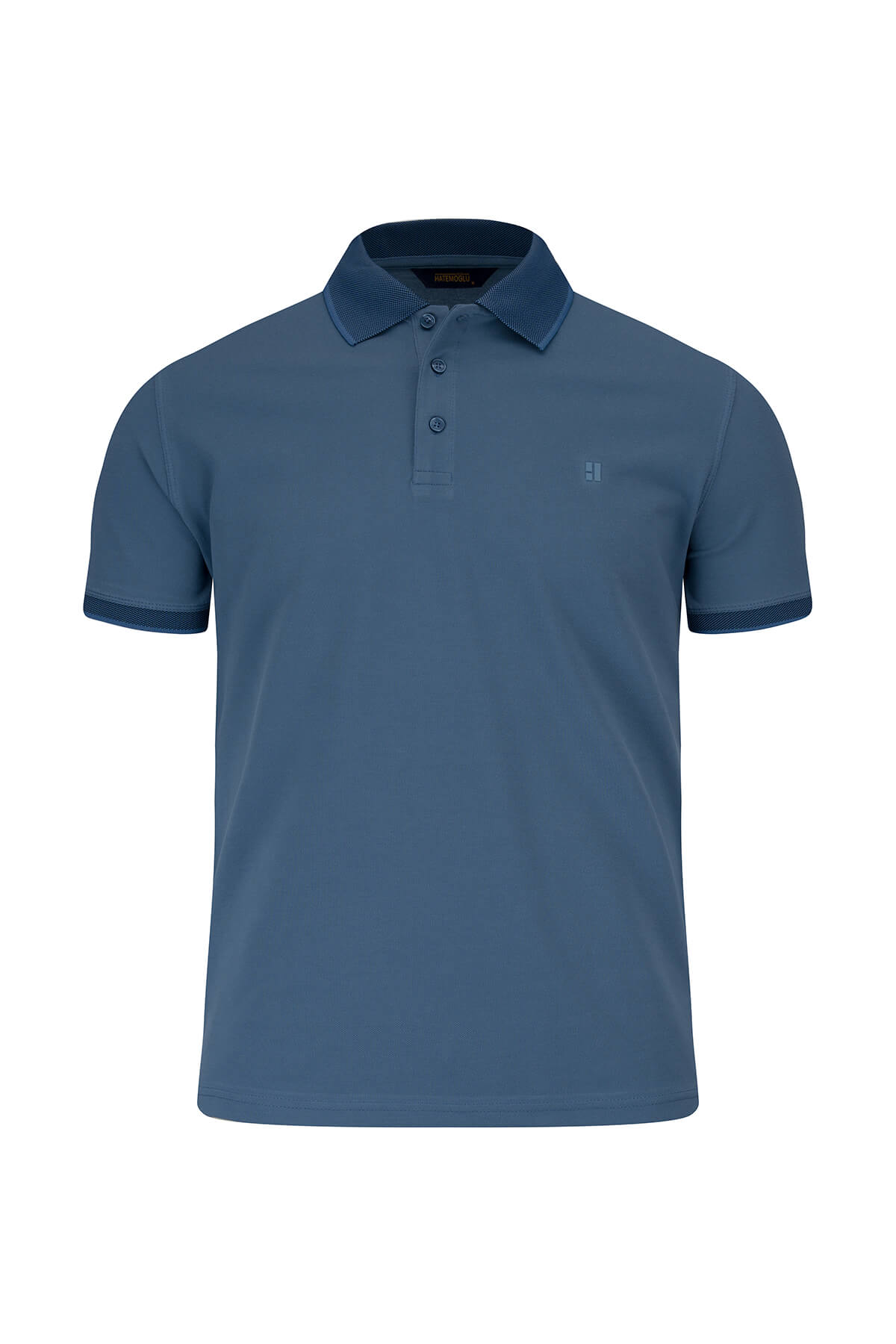 Regular fit cotton indigo polo t-shirt with short sleeves matching collar and cuffs featuring subtle stitching details