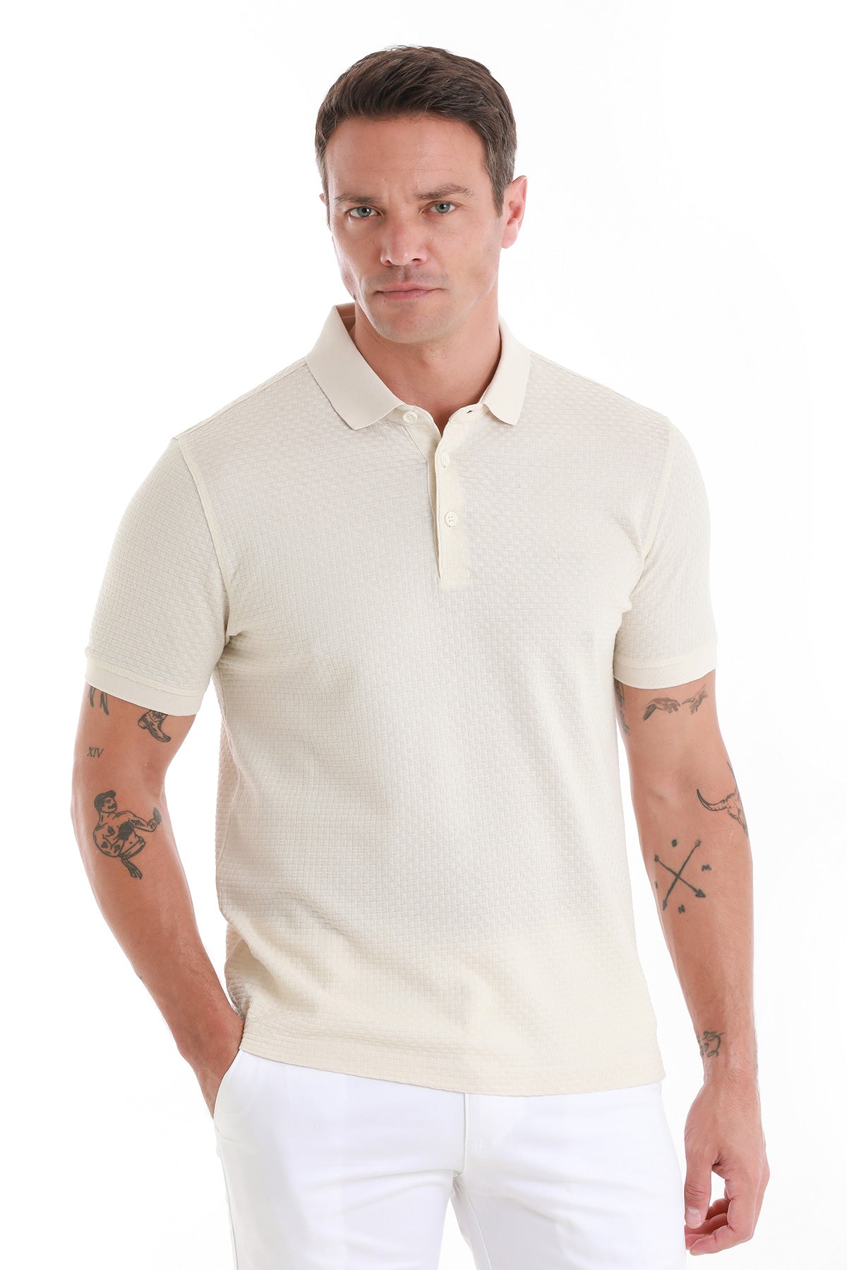 Cream-colored short-sleeved polo shirt with a classic collar and buttoned placket.