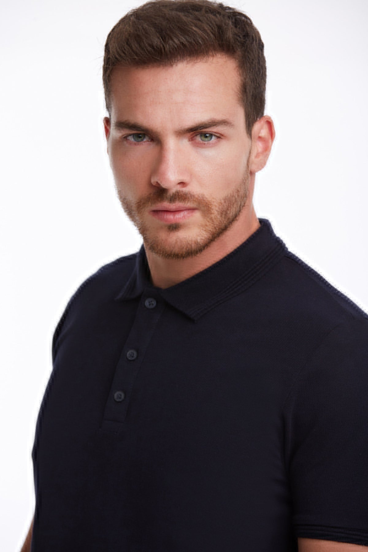 Black short-sleeved polo shirt with a classic collar and buttoned placket.