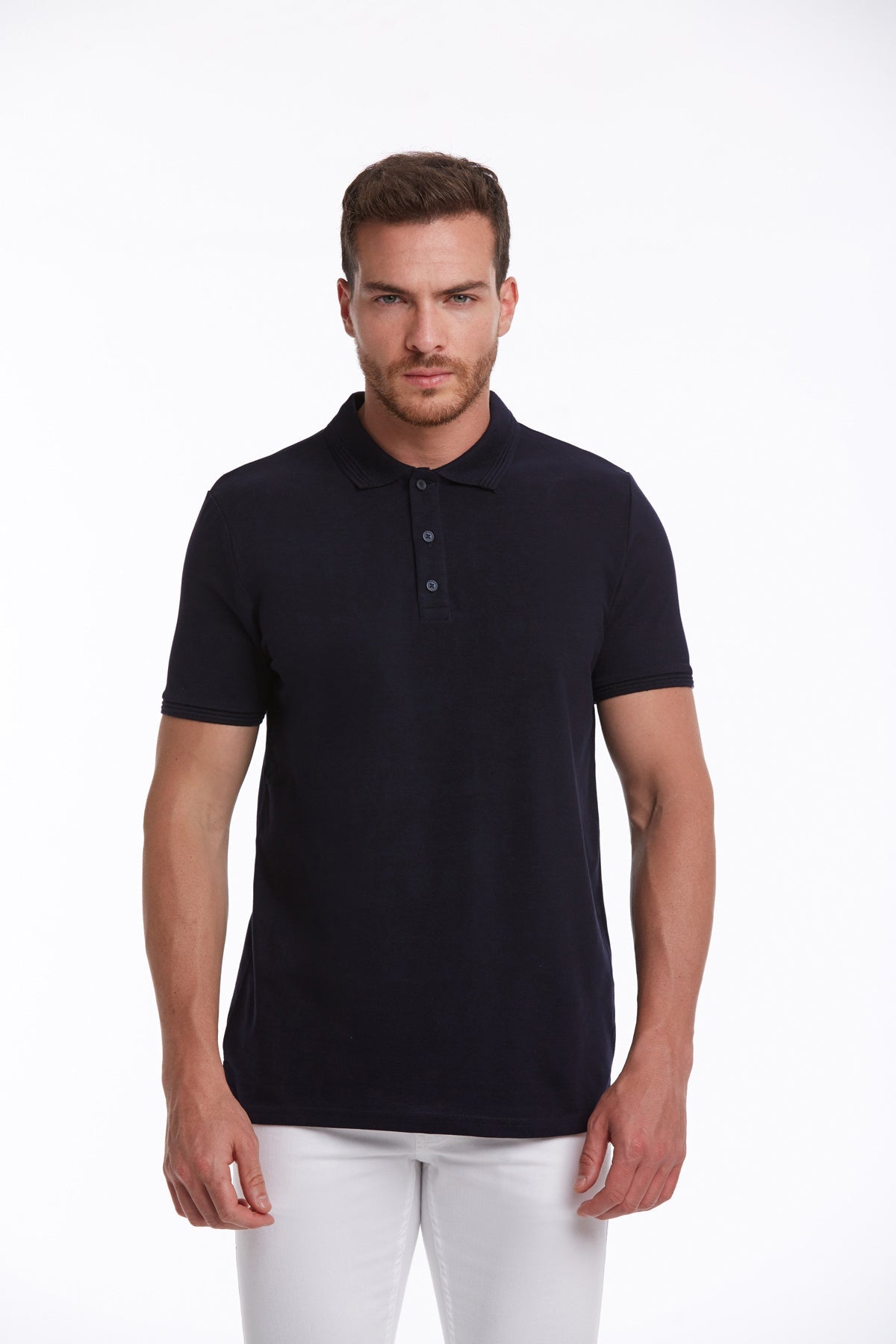 Black short-sleeved polo shirt with a classic collar and button placket.