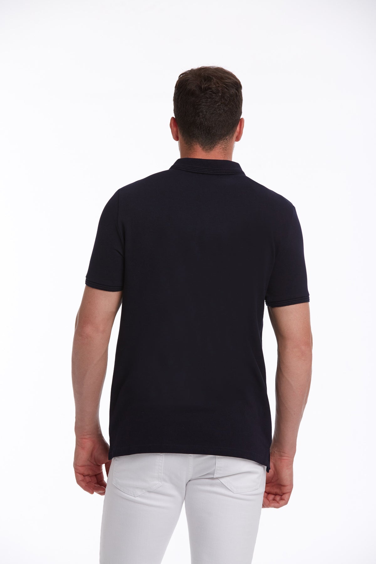 Black short-sleeved polo shirt with a classic collar and ribbed cuffs.