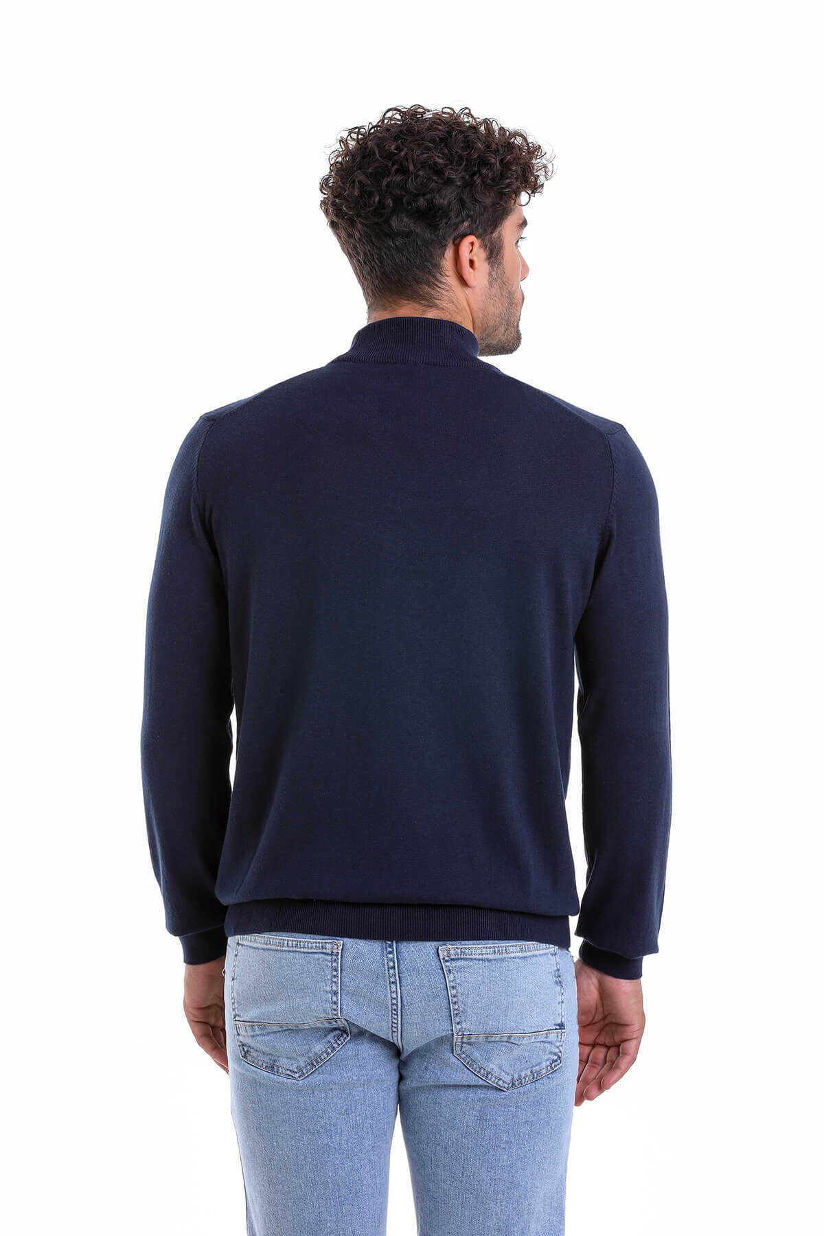 Regular Fit 100% Cotton Navy Mock Neck Sweater - SAYKI