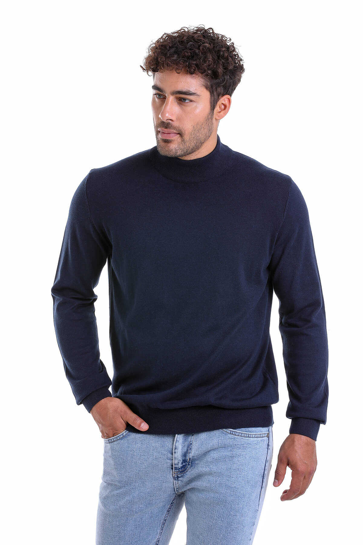 Regular Fit 100% Cotton Navy Mock Neck Sweater - SAYKI