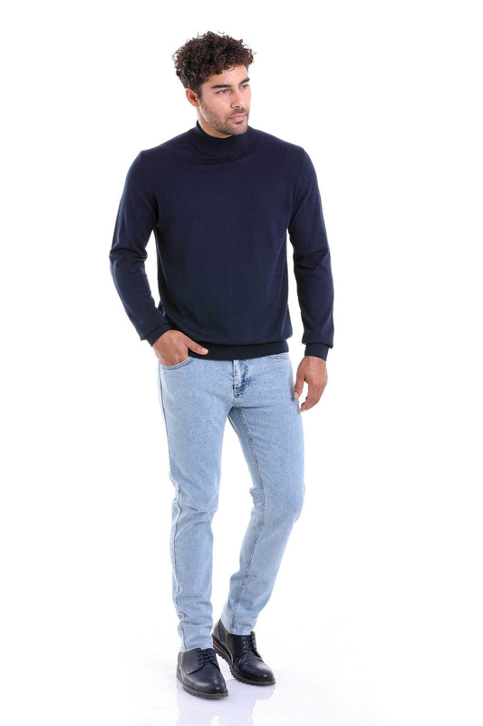Regular Fit 100% Cotton Navy Mock Neck Sweater - SAYKI