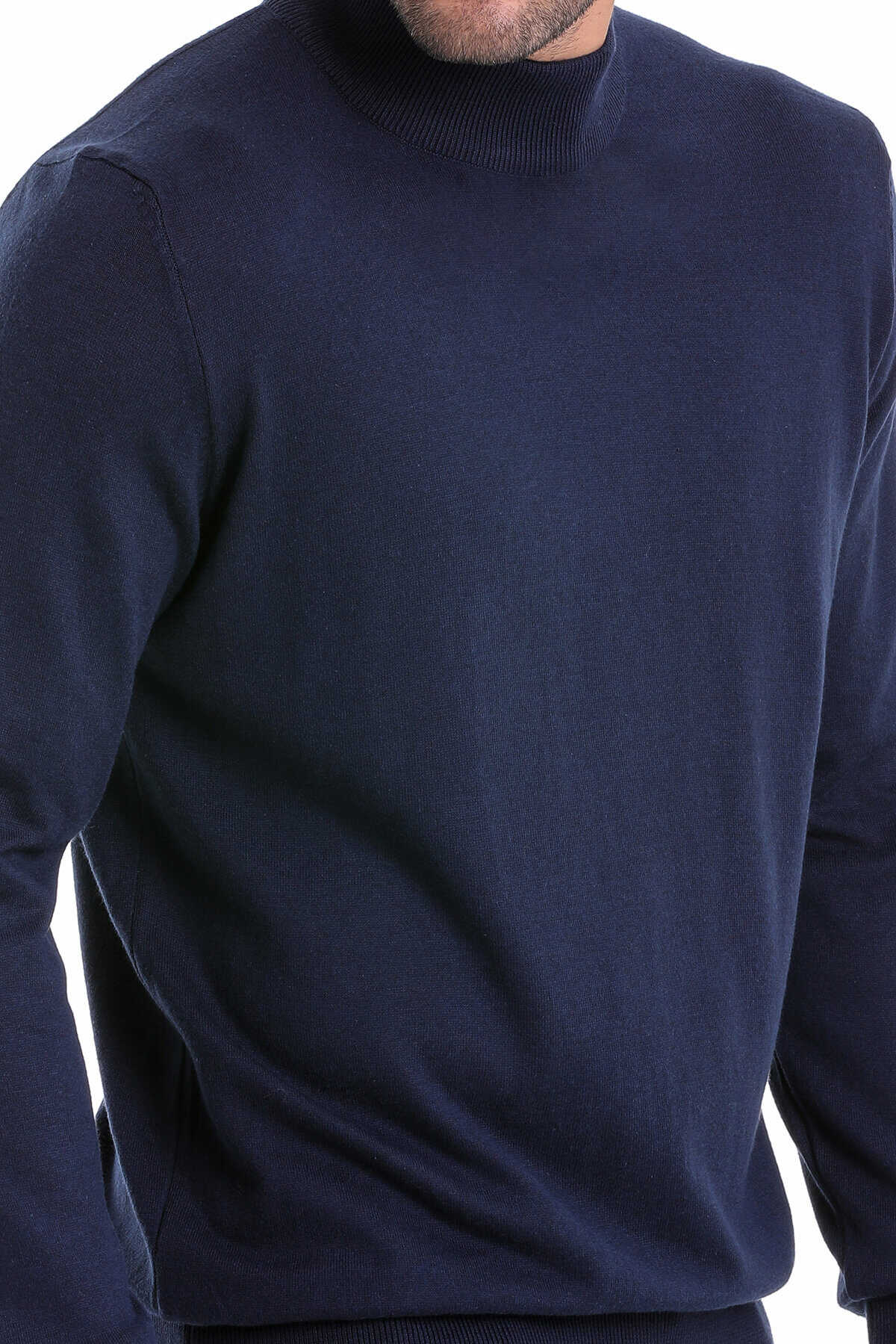 Regular Fit 100% Cotton Navy Mock Neck Sweater - SAYKI