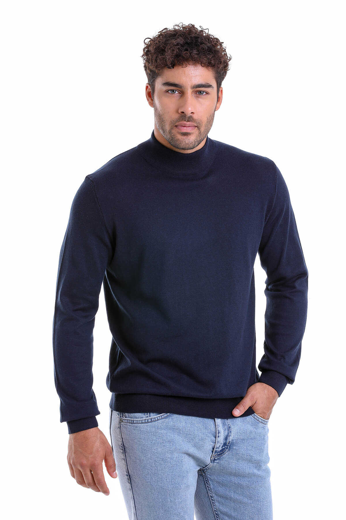 Regular Fit 100% Cotton Navy Mock Neck Sweater - SAYKI
