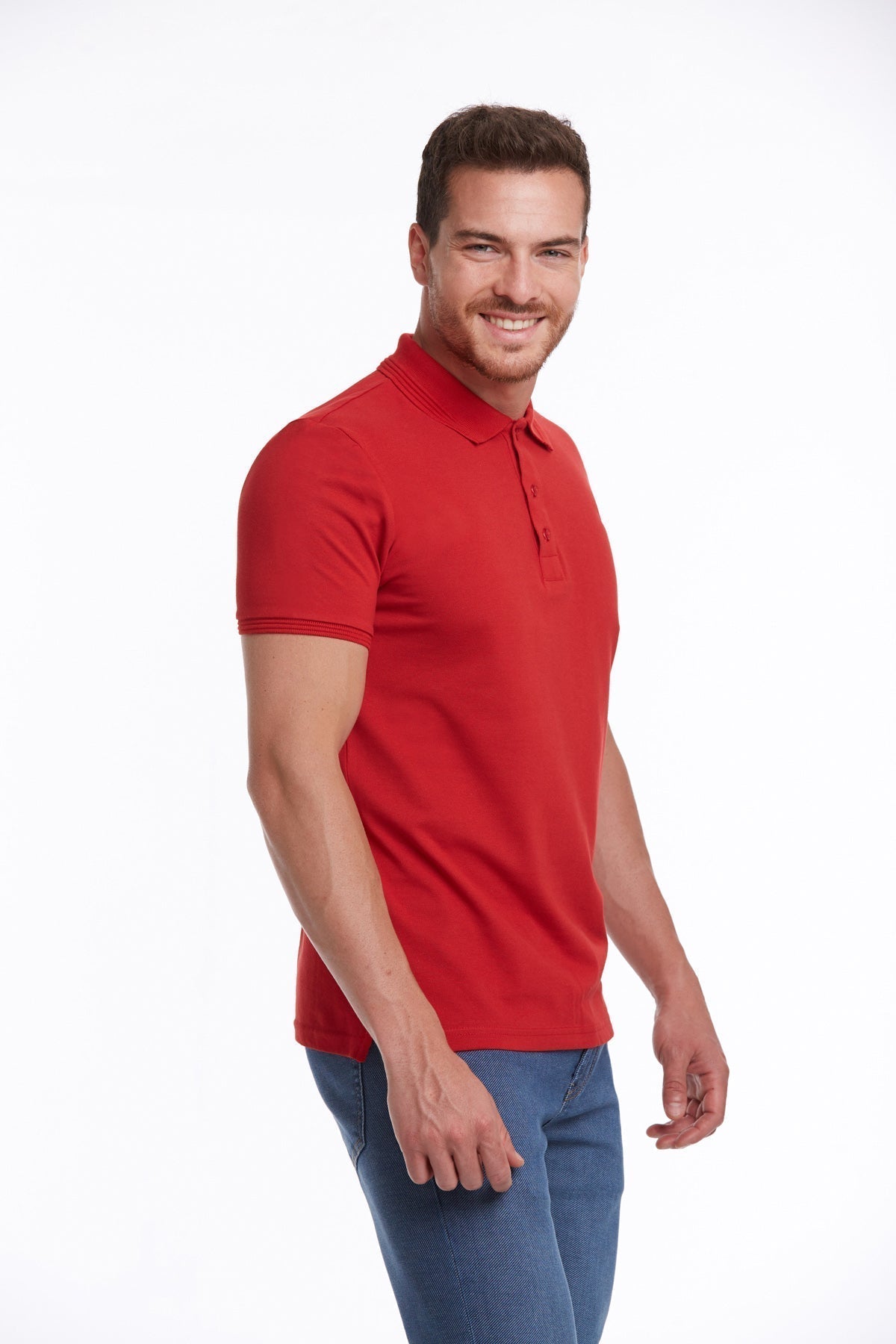 A vibrant red short-sleeved polo shirt with a classic collar and buttoned placket.