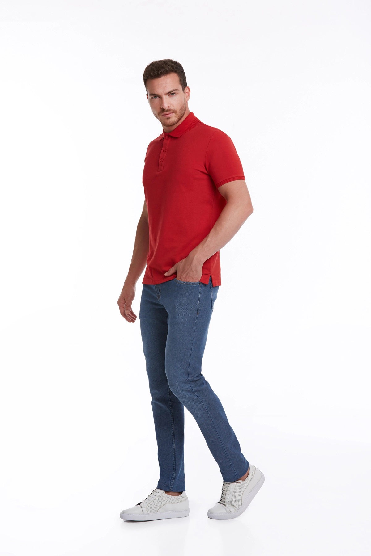 Red short-sleeved polo shirt with a classic collar and neatly stitched placket.