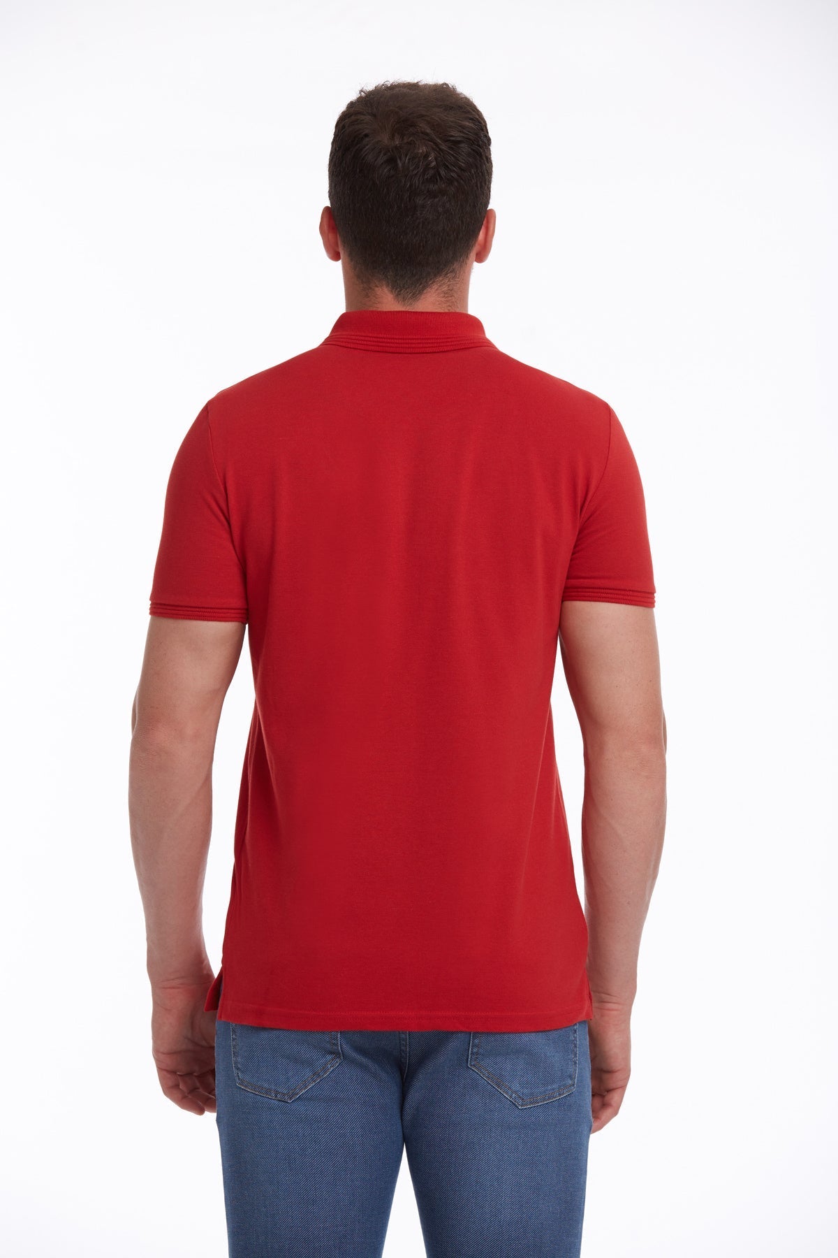 Red short-sleeved polo shirt with a classic collar and ribbed cuffs.