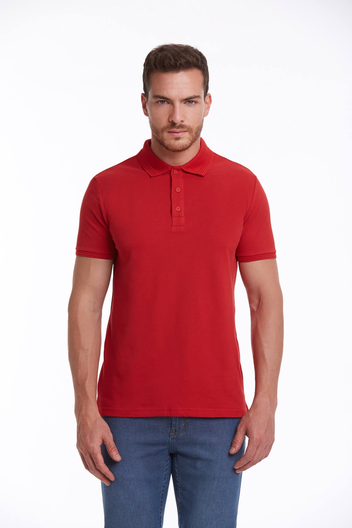 Red short-sleeved polo shirt with a classic collar and matching button placket.