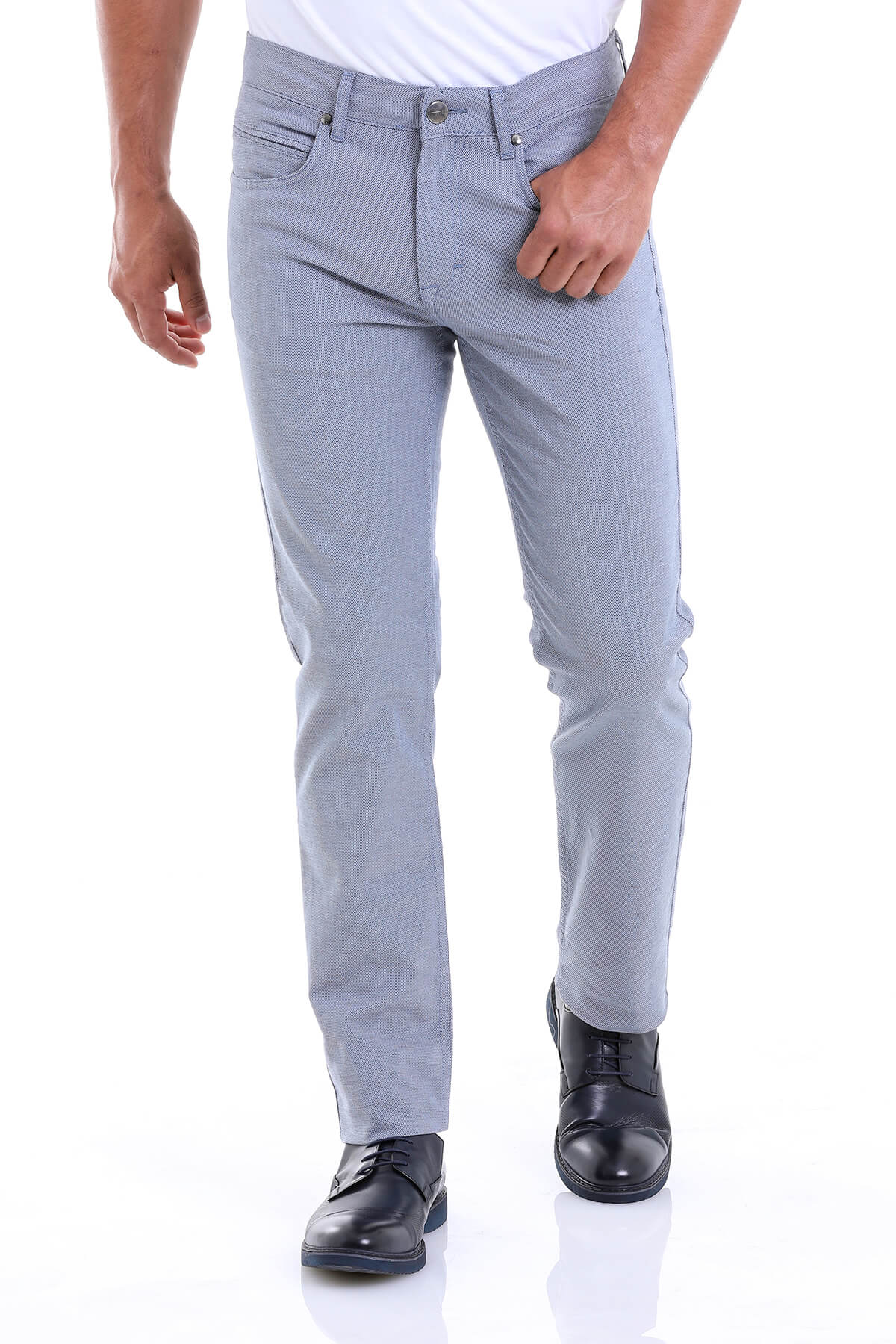 Light gray slim-fit denim jeans with a subtle textured weave and classic five-pocket design.